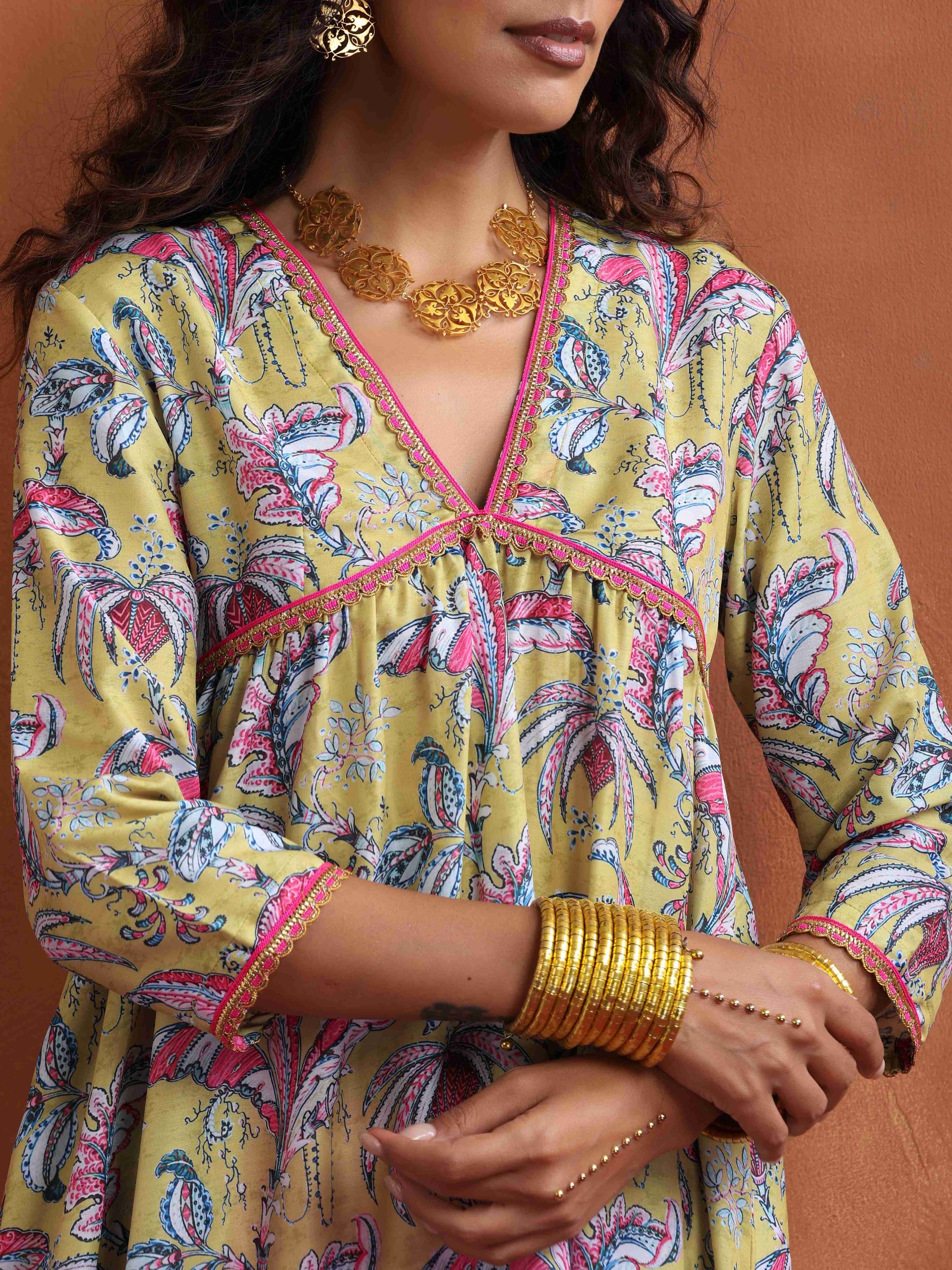 trueBrowns Yellow Print Anarkali Kurta Co-ord Set - Swadesiicart