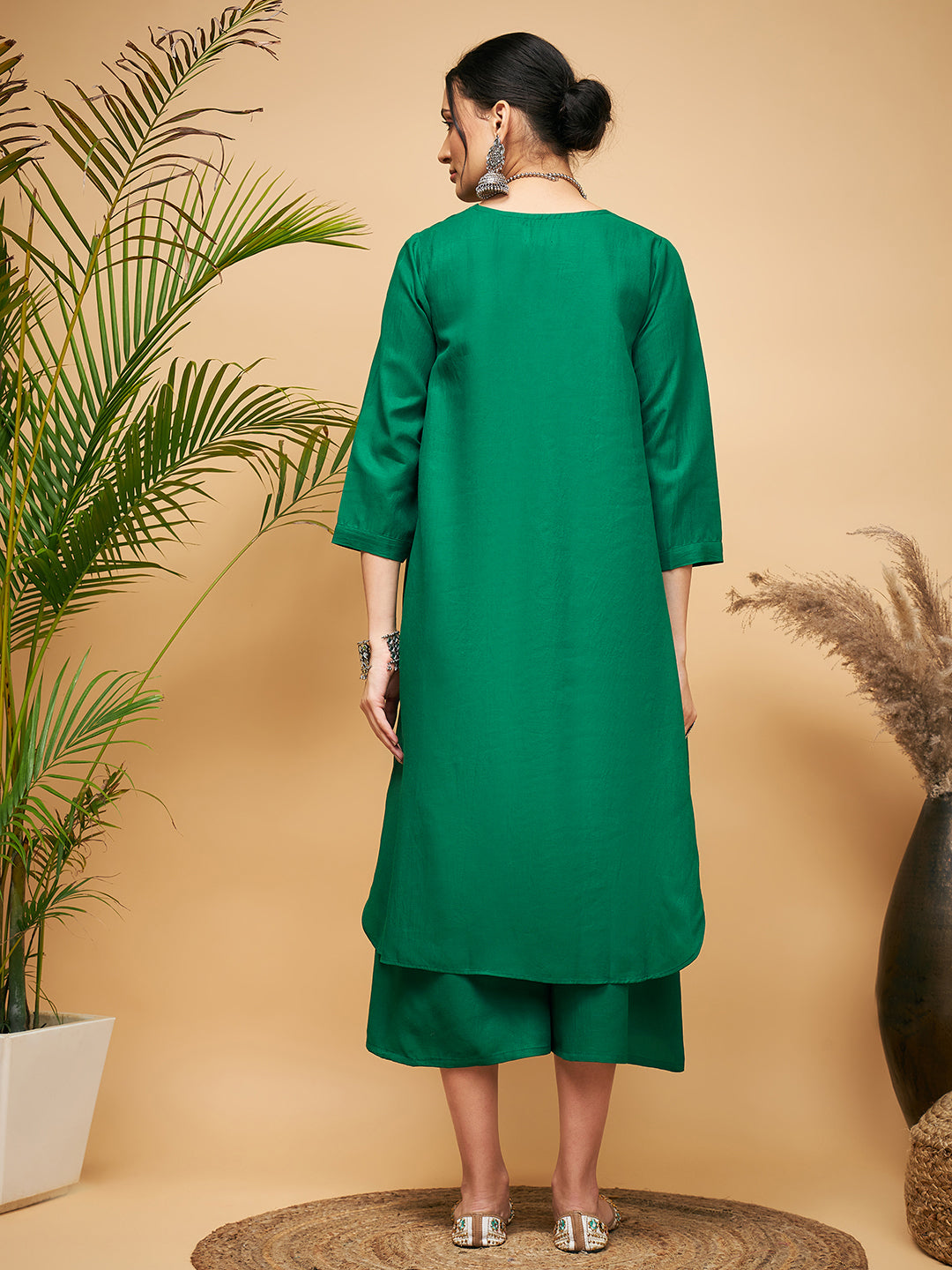 InWeave Women's Forest Green Flared Kurta Palazzo Set - Swadesiicart