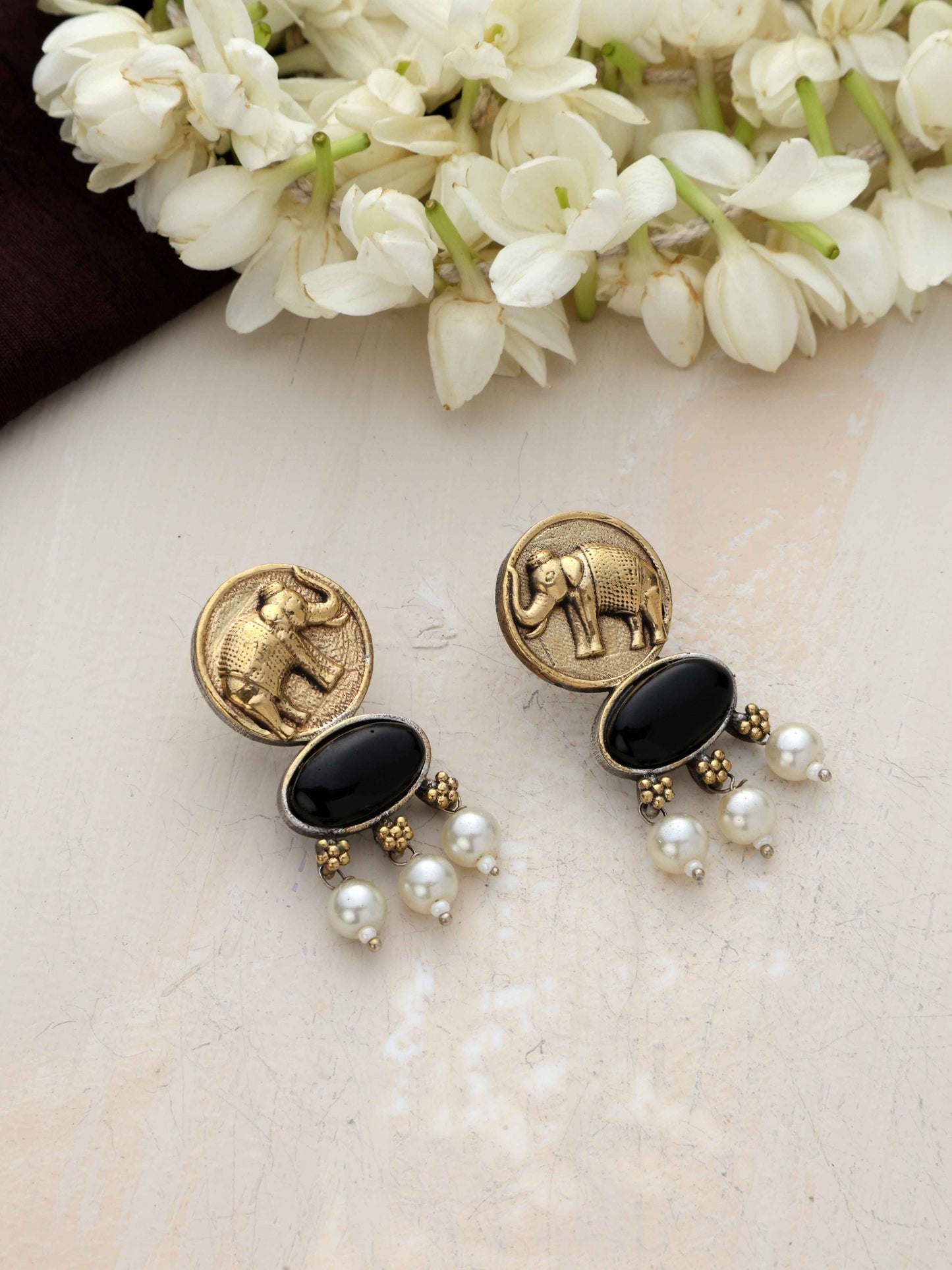 trueBrowns Gold Elephant Embossed Dangle Earrings | Swadesiicart