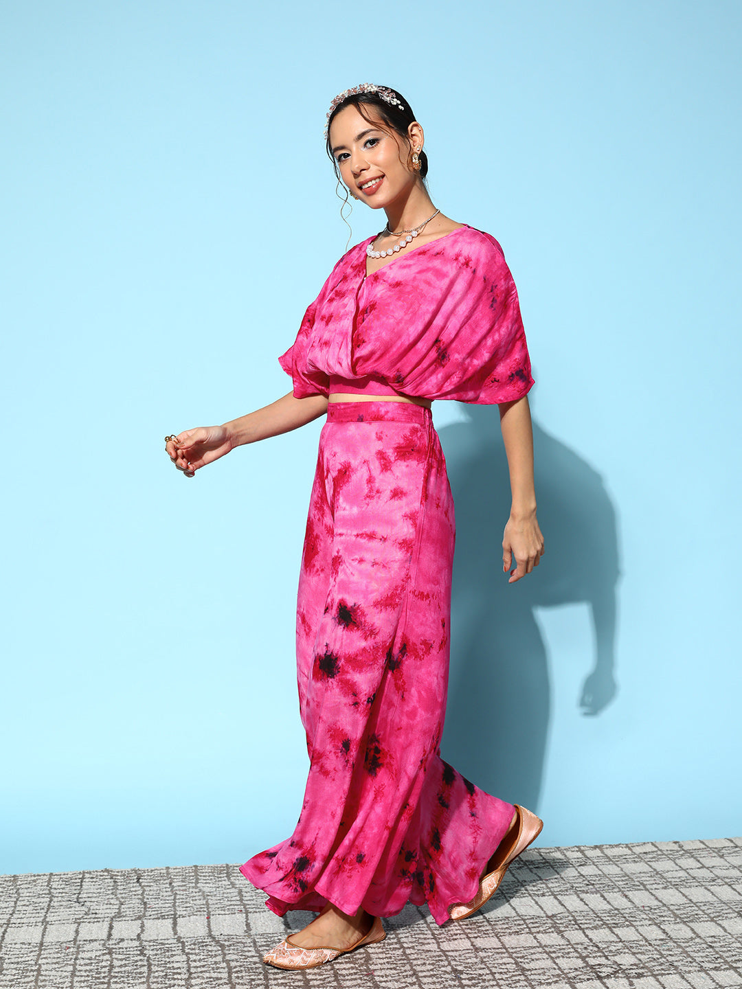 InWeave Women's Magenta Tie And Dye New Neckline Top Culottes Set - Swadesiicart
