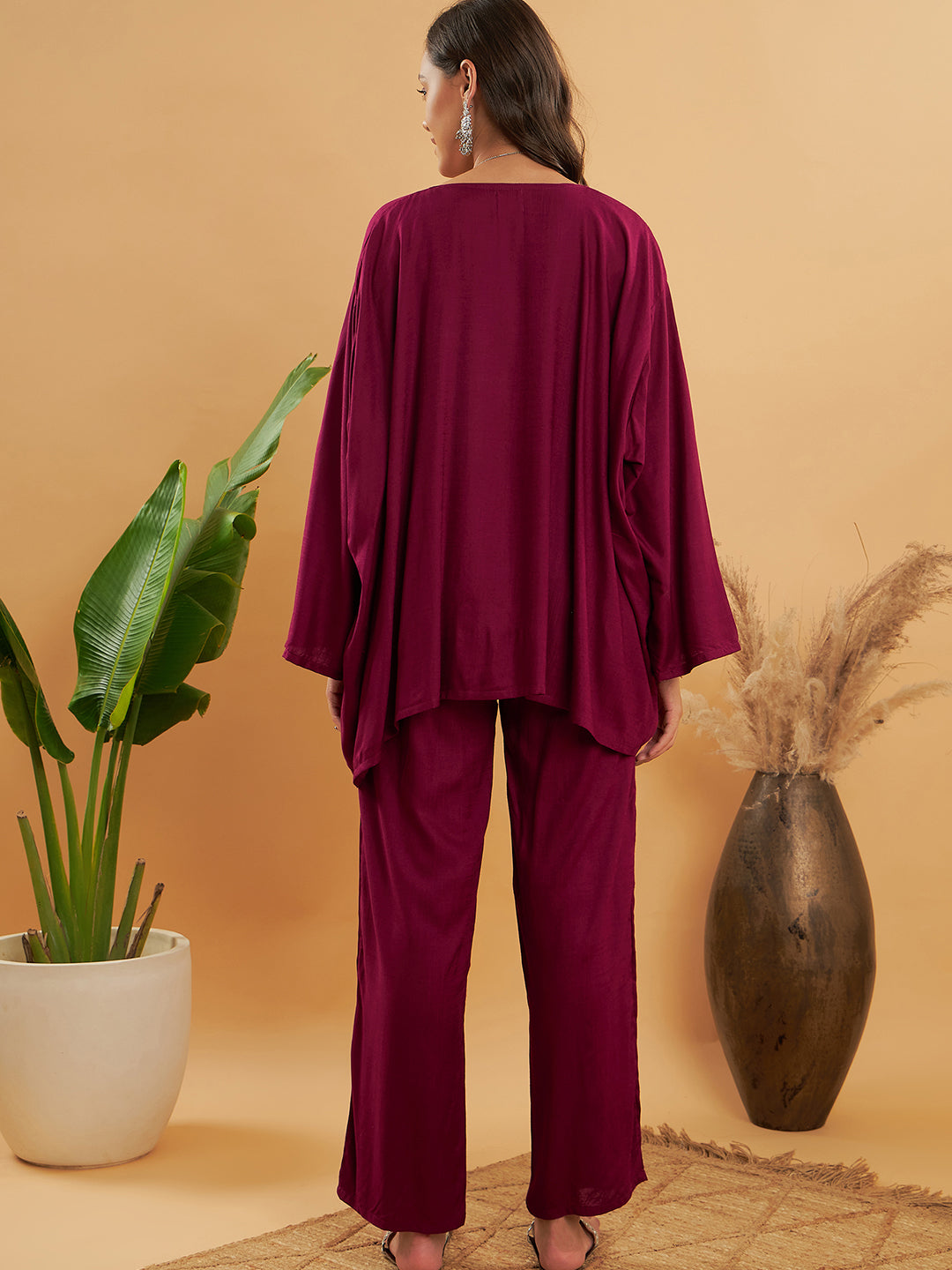 InWeave Women's Jam Wine Solid Boho Full Sleeve Coord Set - Swadesiicart