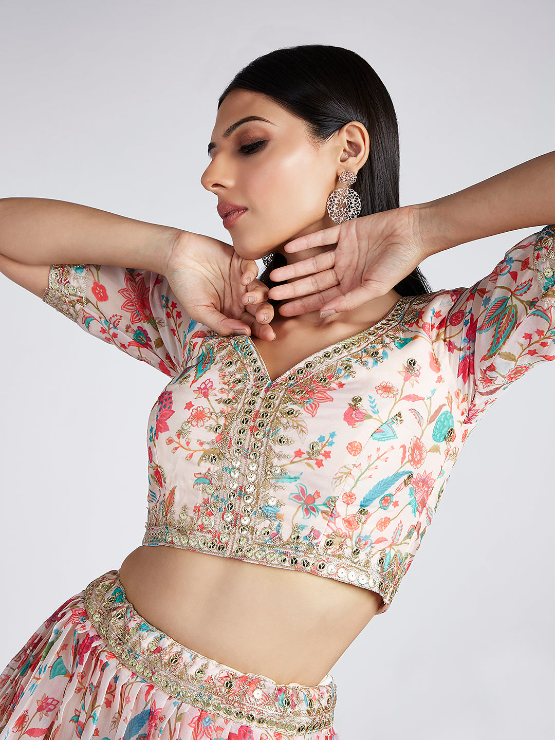 House of Panchhi Cream Colour Organza Floral Design Digital Print Lehenga Choli & Dupatta | Swadesiicart