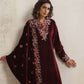 trueBrowns Maroon Velvet Floral Embroidered Kurta Pant Dupatta Set | Swadesiicart