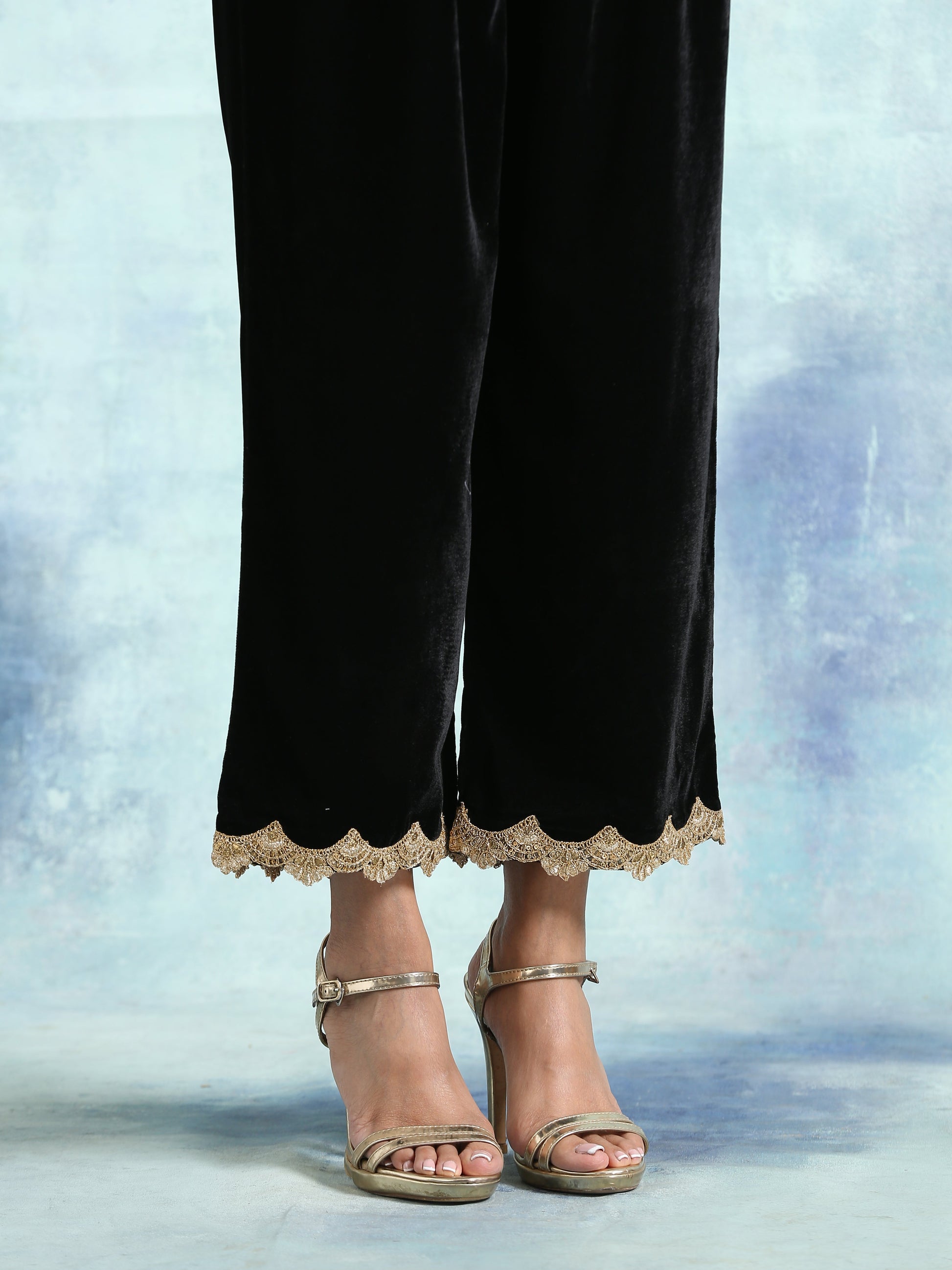 trueBrowns Black Velvet Lace Pant | Swadesiicart
