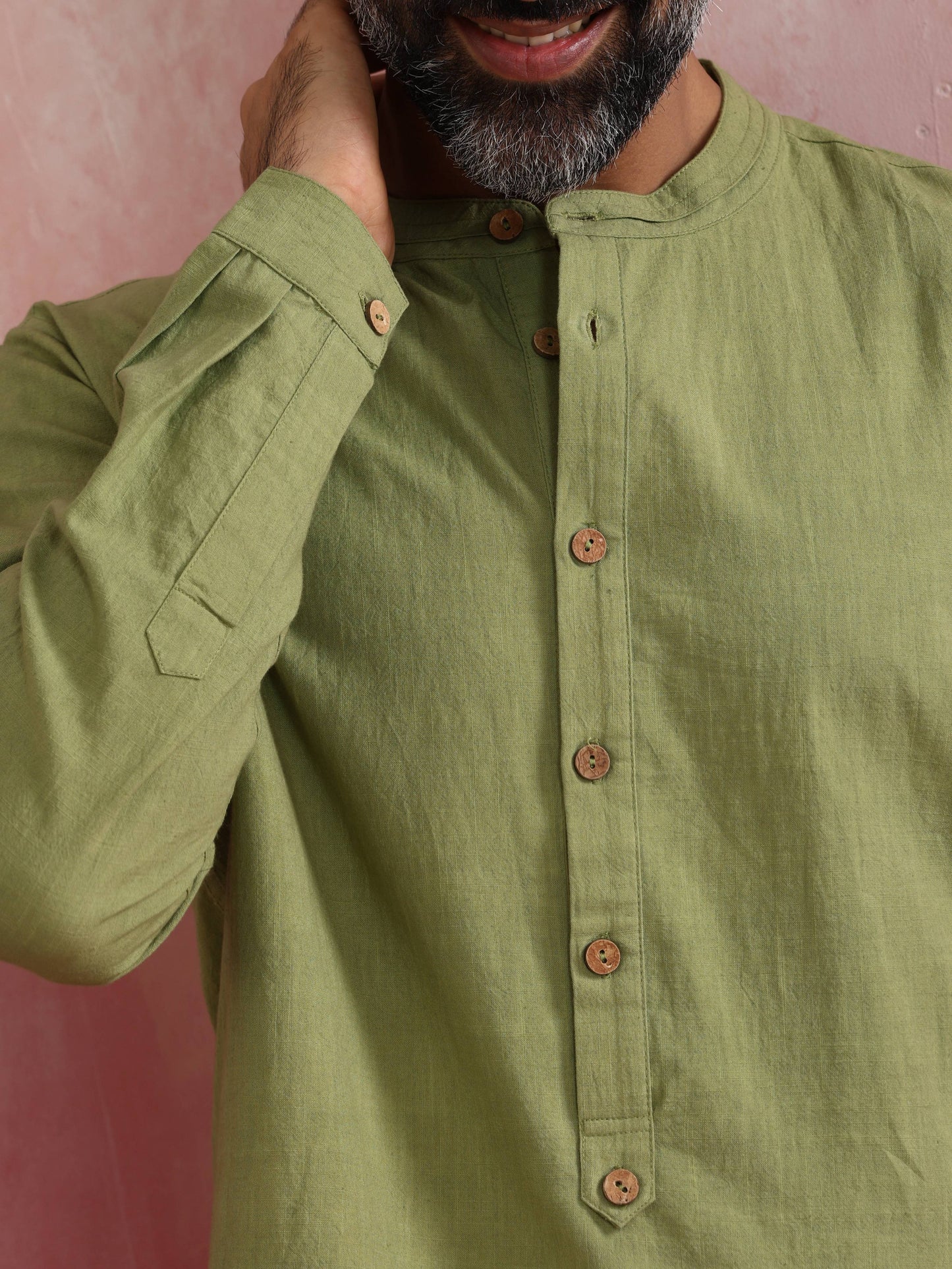 trueBrowns Men's Pista Green Cotton Mandarin Collar Stylized Kurta | Swadesiicart