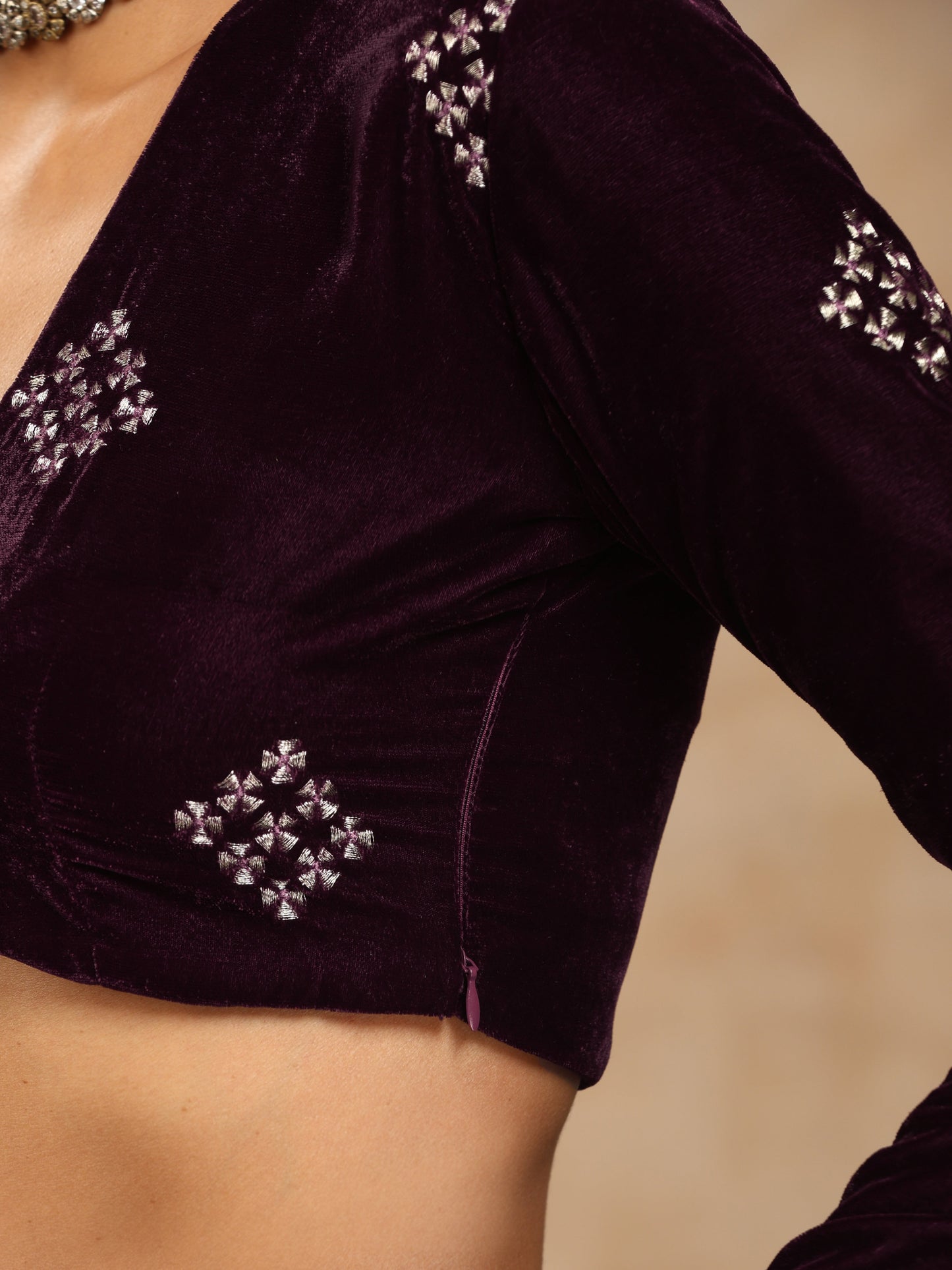 trueBrowns Wine Velvet Embroidered Blouse | Swadesiicart