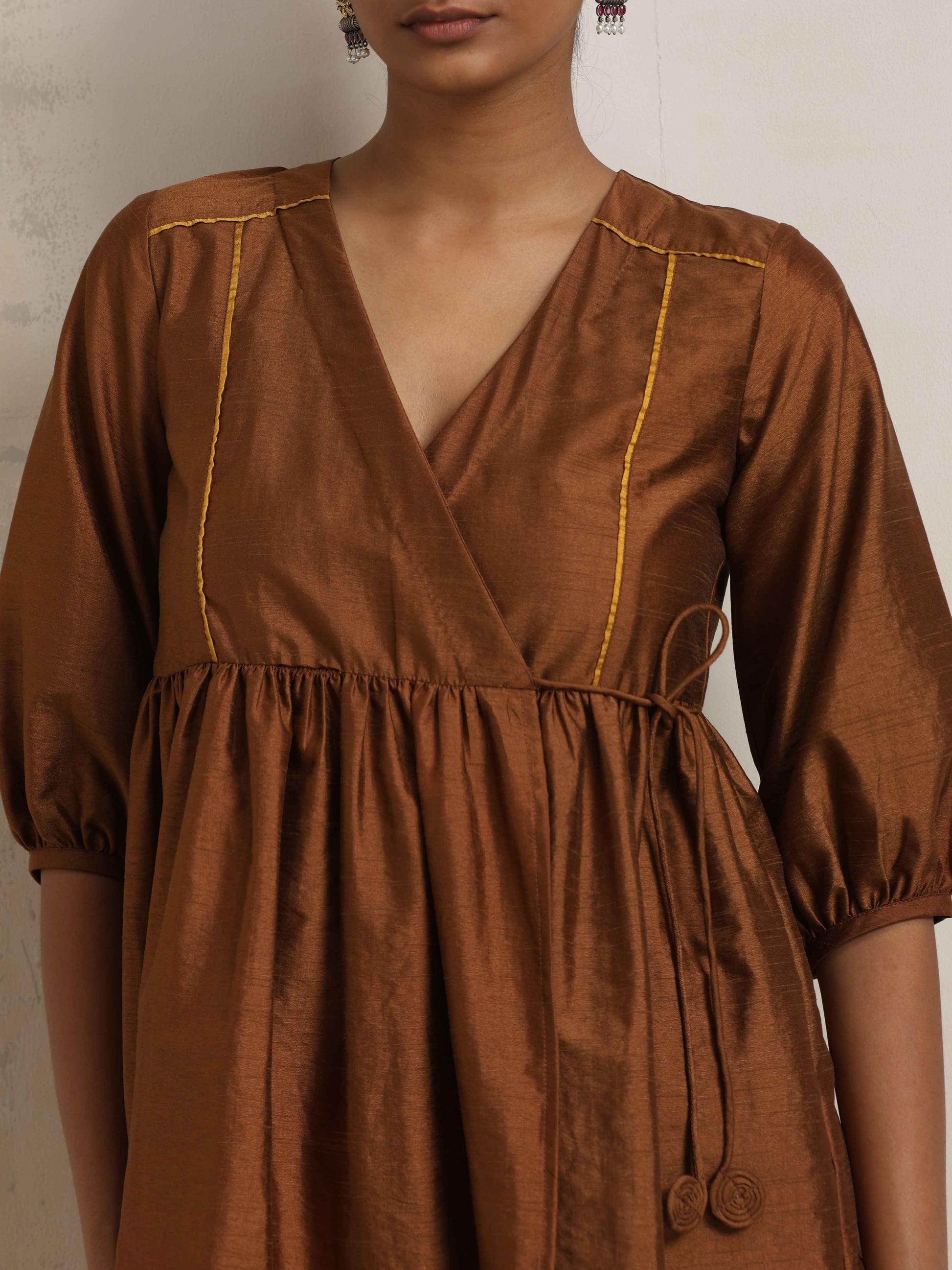 trueBrowns Brown Silk Angrakha Co-ord Set - Swadesiicart