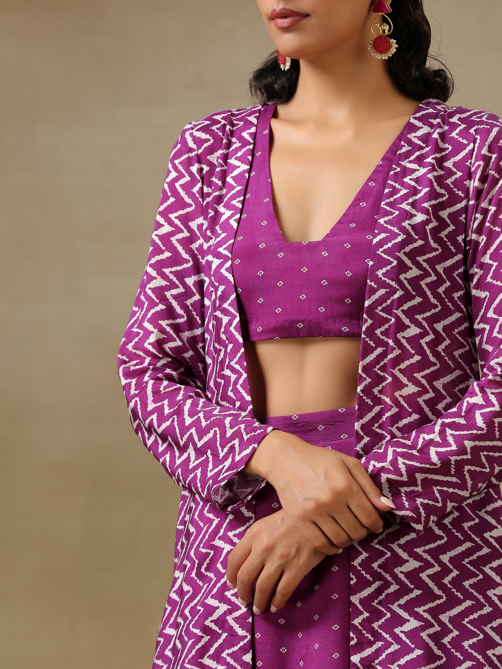 trueBrowns Purple Bandhani Printed Silk Top Skirt Jacket Set | Swadesiicart