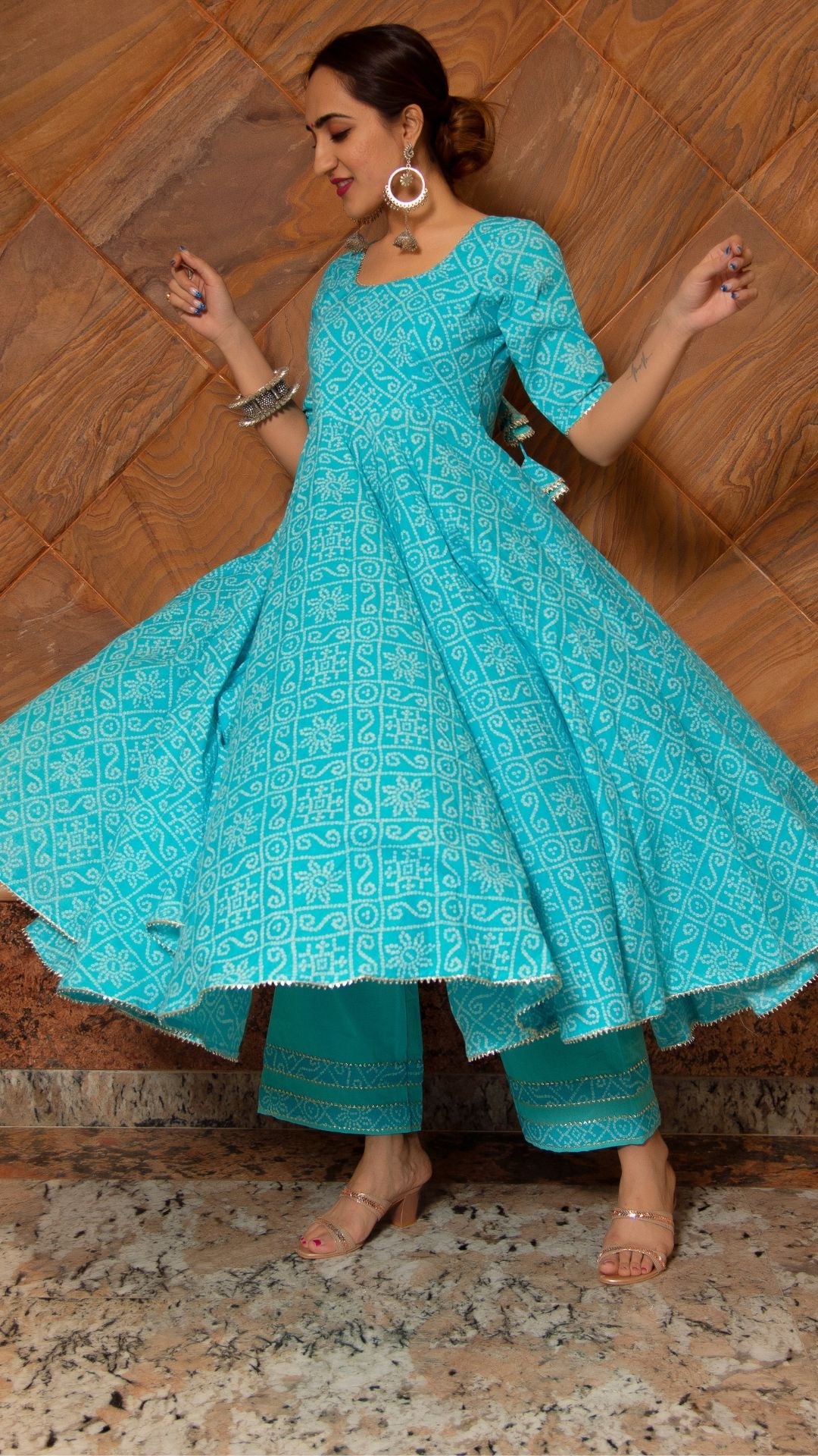 Pomcha Jaipur Bandhej Blue Cotton Anarkali Set | Swadesiicart