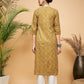 InWeave Women's Olive Ajrakh Print Cotton Patch Work Straight Kurta - Swadesiicart
