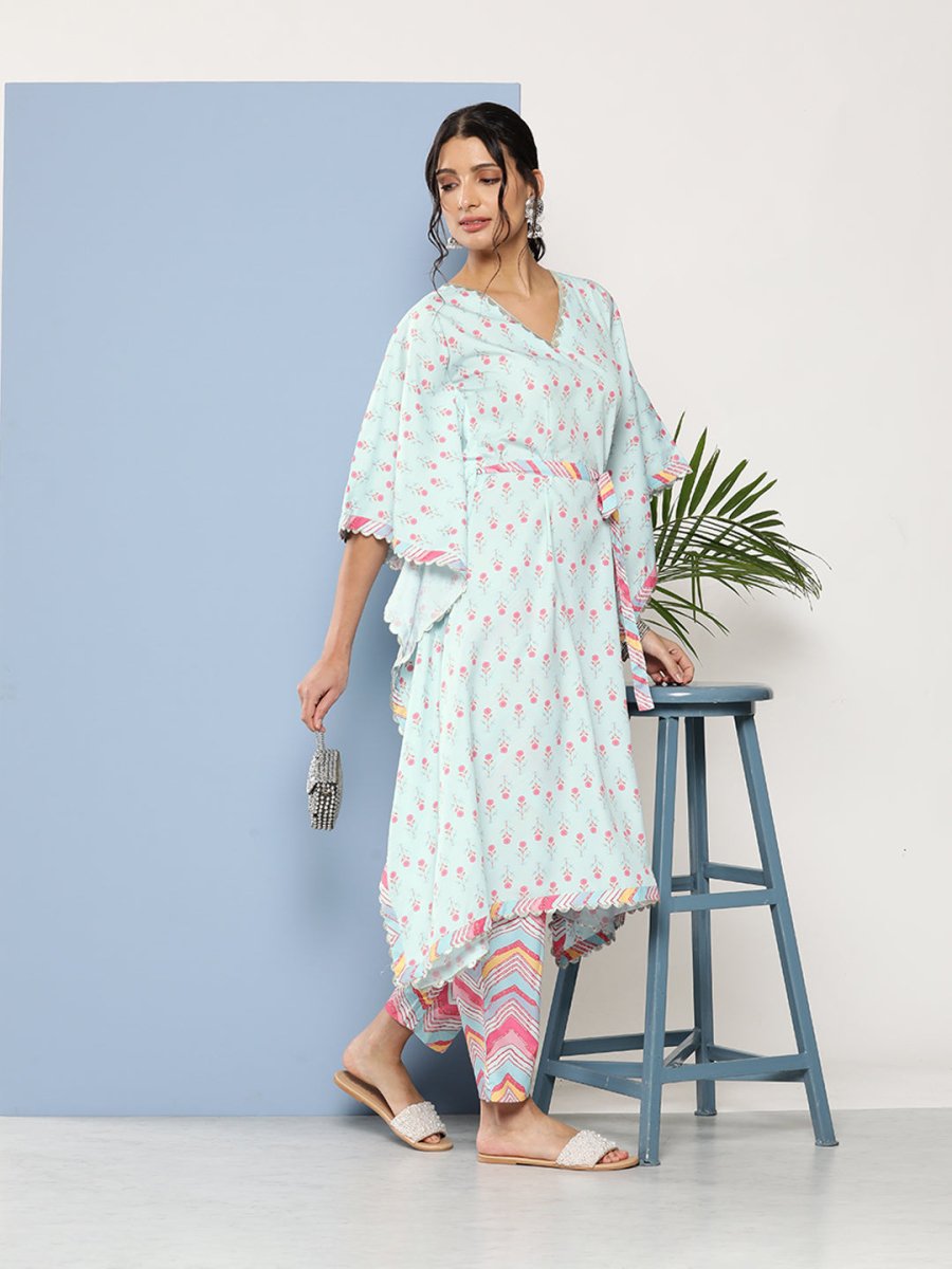 Ahalyaa Women Sea Green Floral Printed Gotta Patti Kurta with Trousers | Swadesiicart