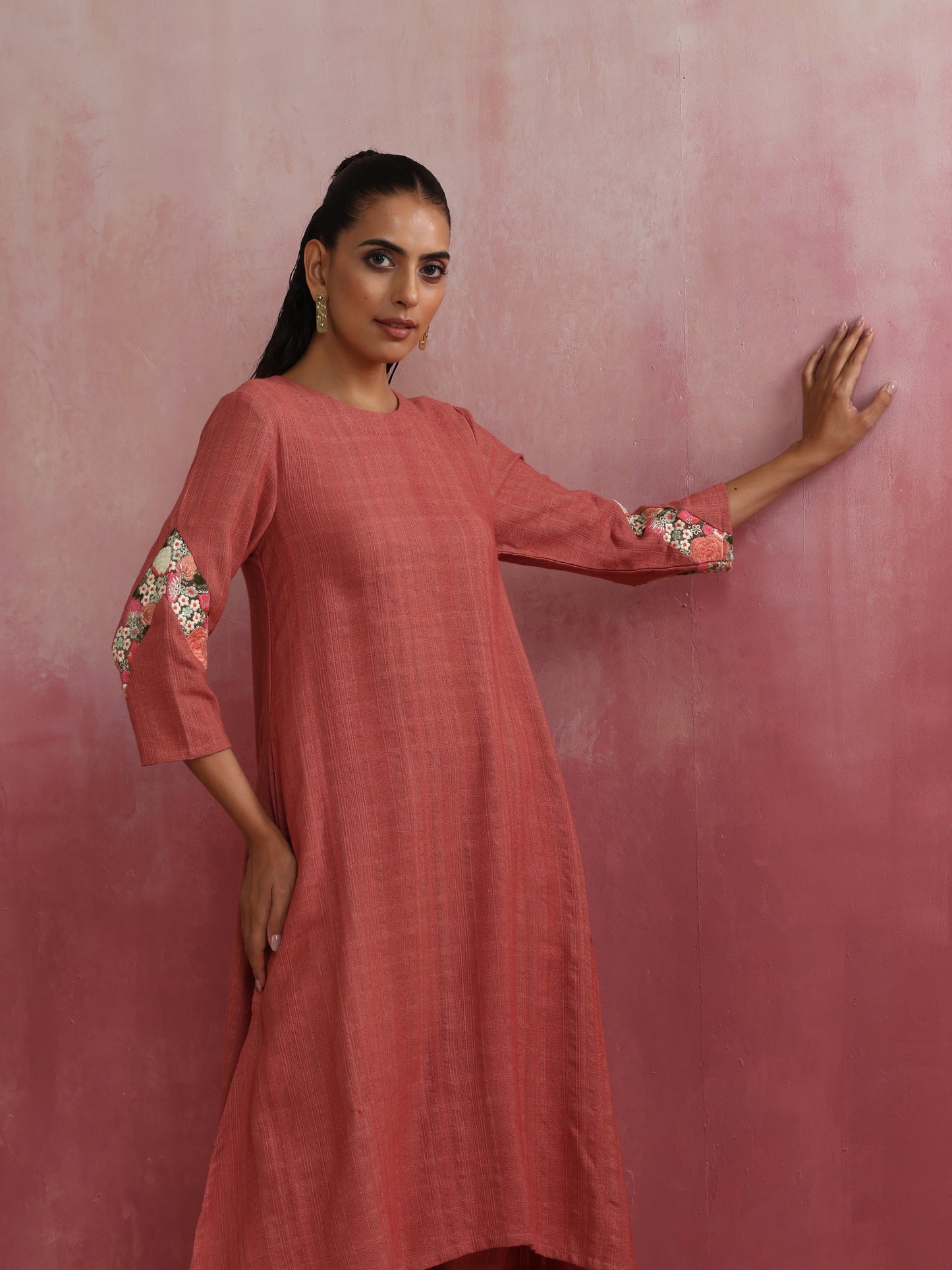 trueBrowns Peach Cotton Dobby Kurta Set | Swadesiicart