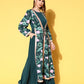 Ahalyaa Green Crepe Puff Sleeves Floral Printed Maxi Ethnic Dress with Waist Tie-Ups | Swadesiicart