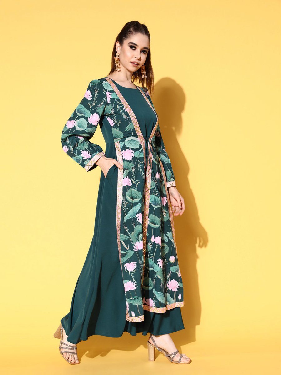 Ahalyaa Green Crepe Puff Sleeves Floral Printed Maxi Ethnic Dress with Waist Tie-Ups | Swadesiicart