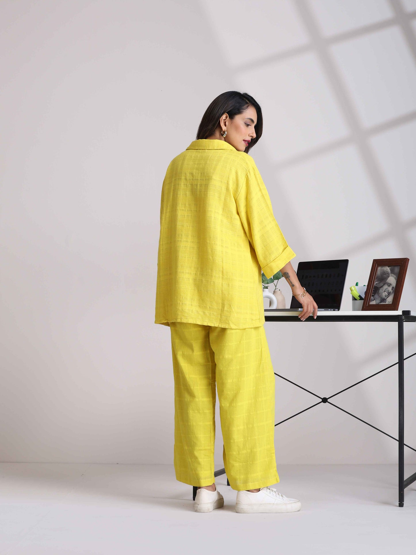 trueBrowns Lime Cotton Dobby V-Neck Co-ord Set - Swadesiicart