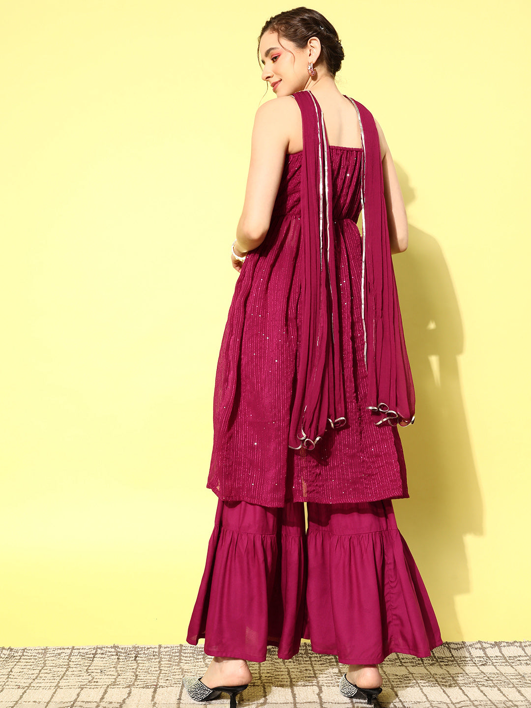 InWeave Women's Maroon Gota Insert Neckline Sharara Set - Swadesiicart