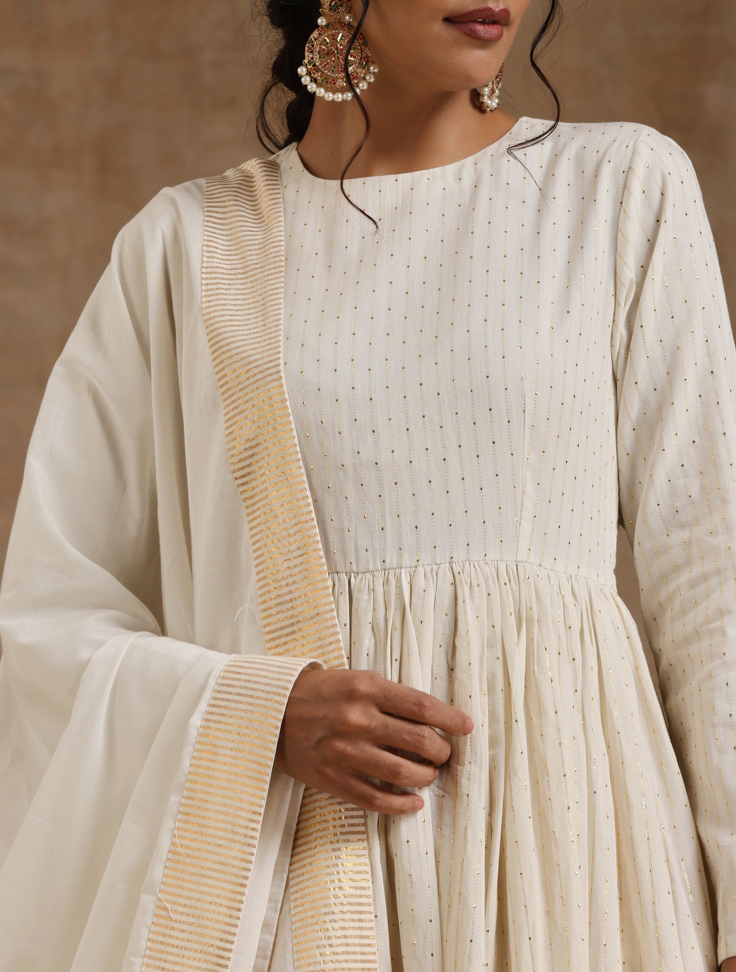 trueBrowns Ivory Gold Cotton Anarkali Set | Swadesiicart