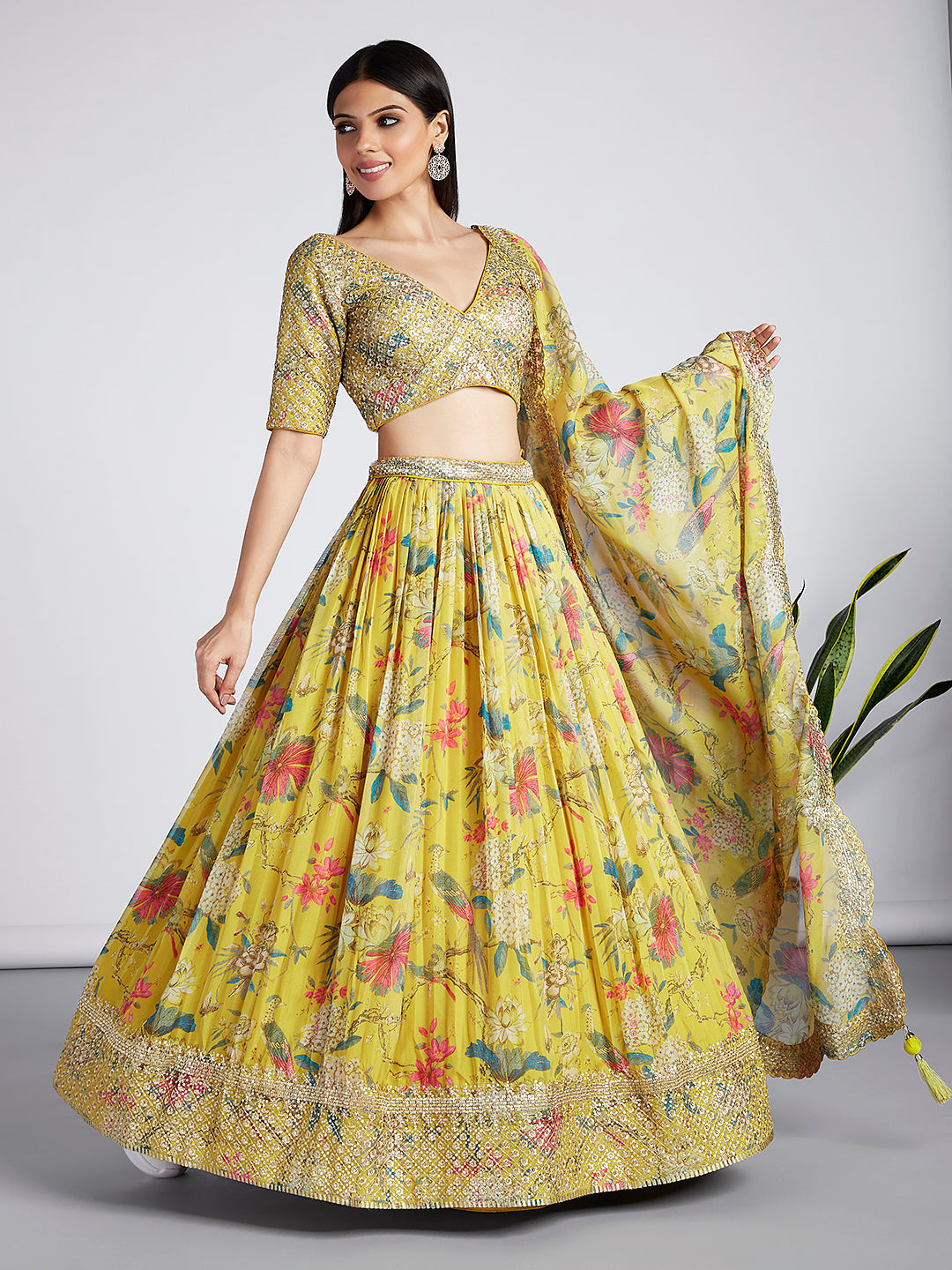 House of Panchhi Mustard Colour Organza Floral Design Digital Print Lehenga Choli & Dupatta | Swadesiicart
