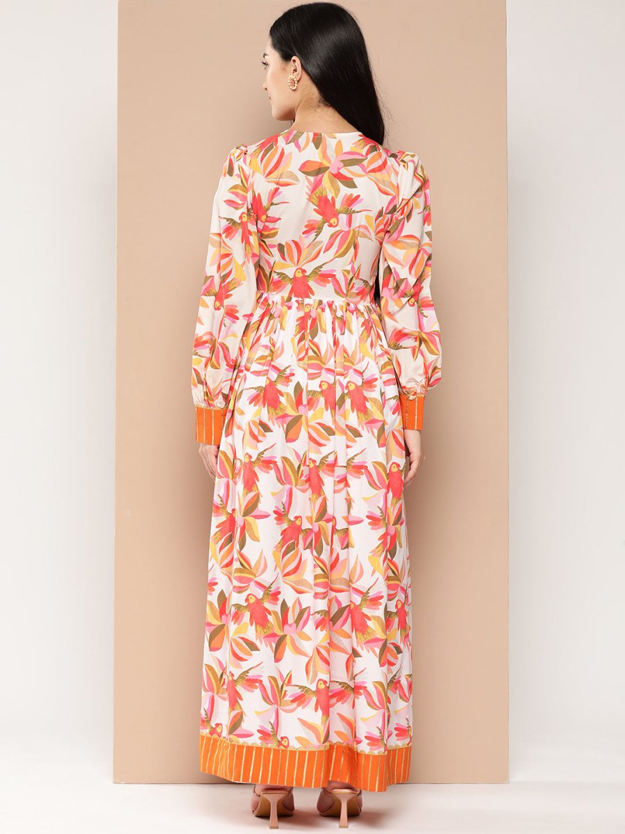 Ahalyaa Floral Printed Tie-Ups Crepe Empire Ethnic Dress | Swadesiicart