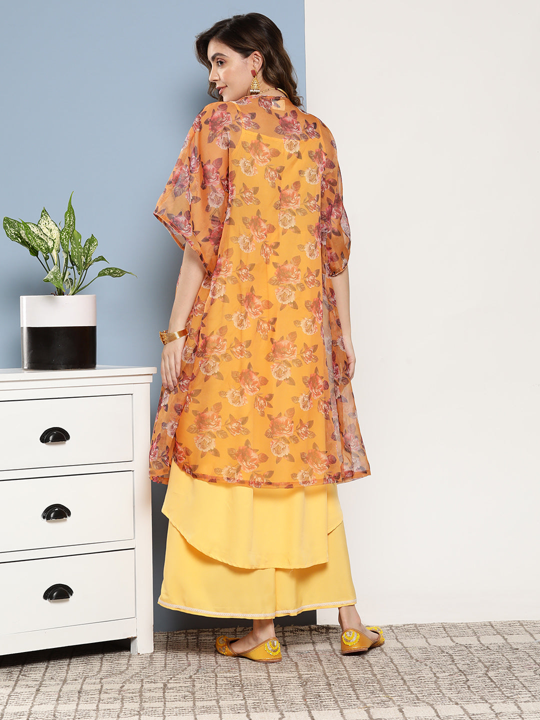 InWeave Women's Cassatta Yellow Cr Strappy Set With Mustard Brown Cape - Swadesiicart