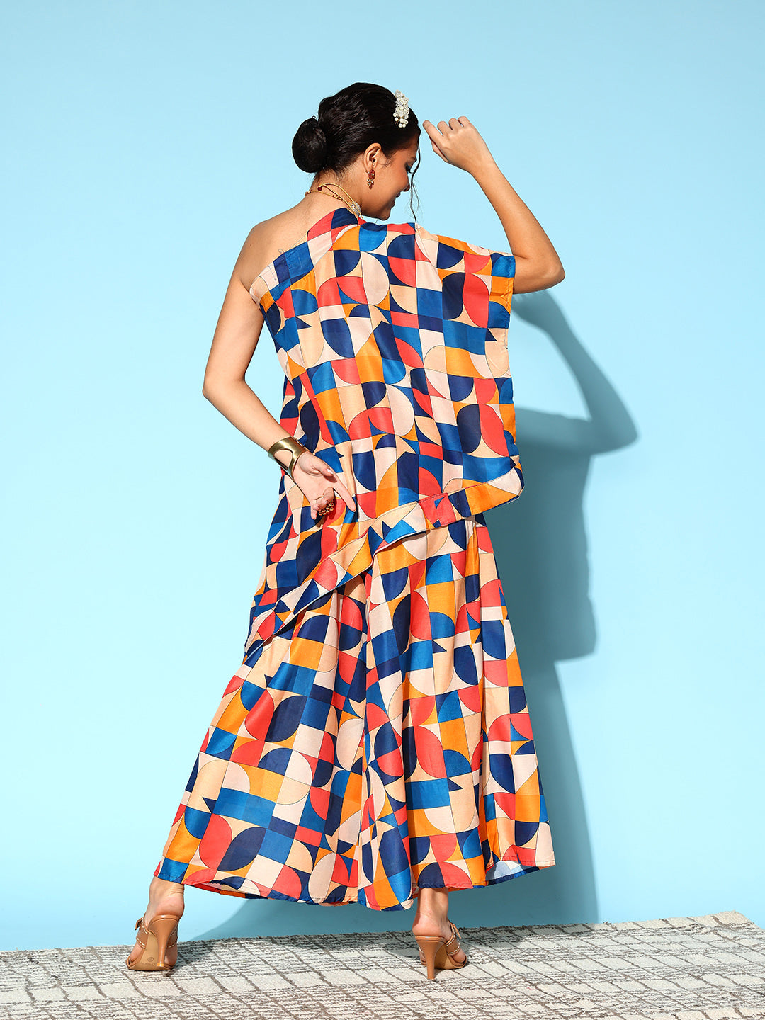 InWeave Women's Multi Geometric Print One Shoulder Top With Palazzo Set - Swadesiicart