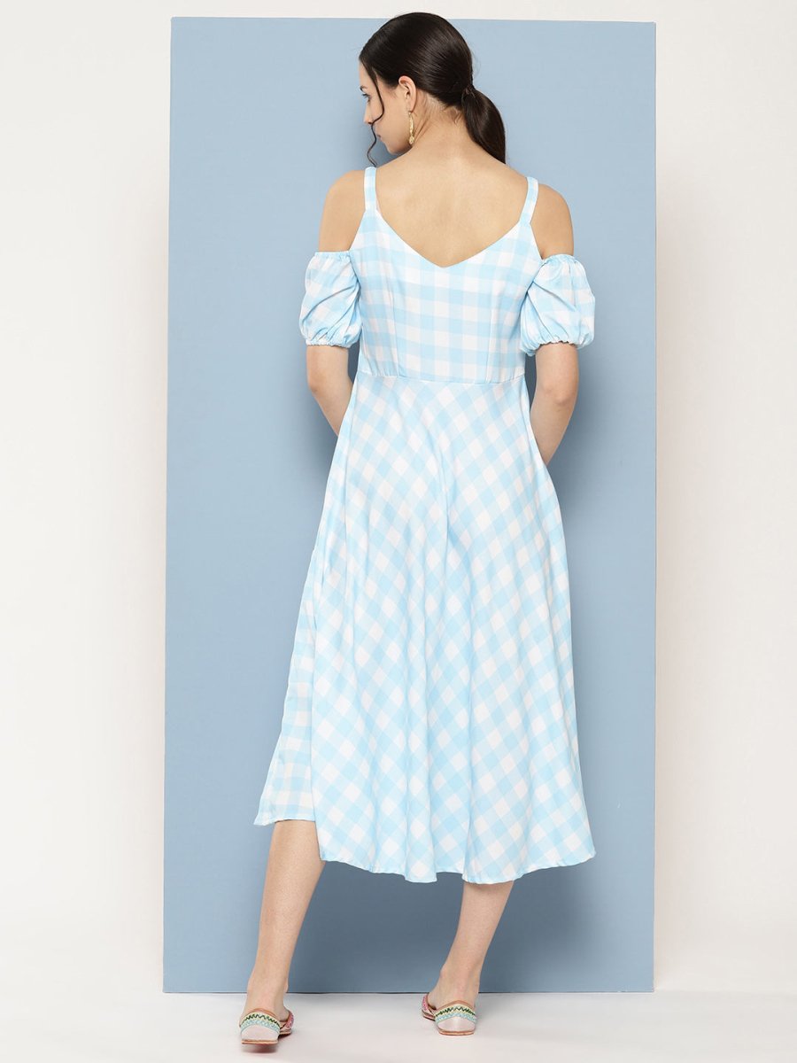 Ahalyaa Checked Cold-Shoulder Sleeves Midi Empire Ethnic Dress | Swadesiicart