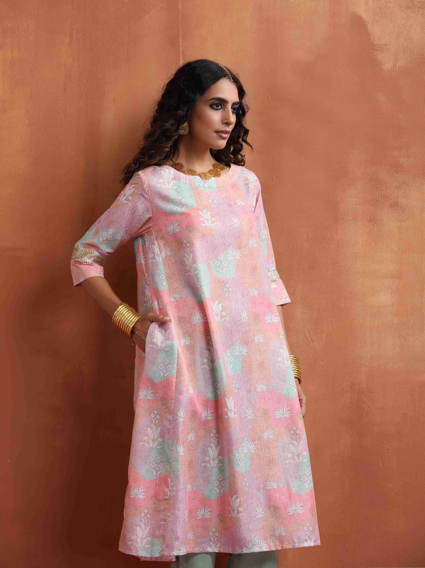 trueBrowns Beige Palm Print A-line Kurta Set | Swadesiicart