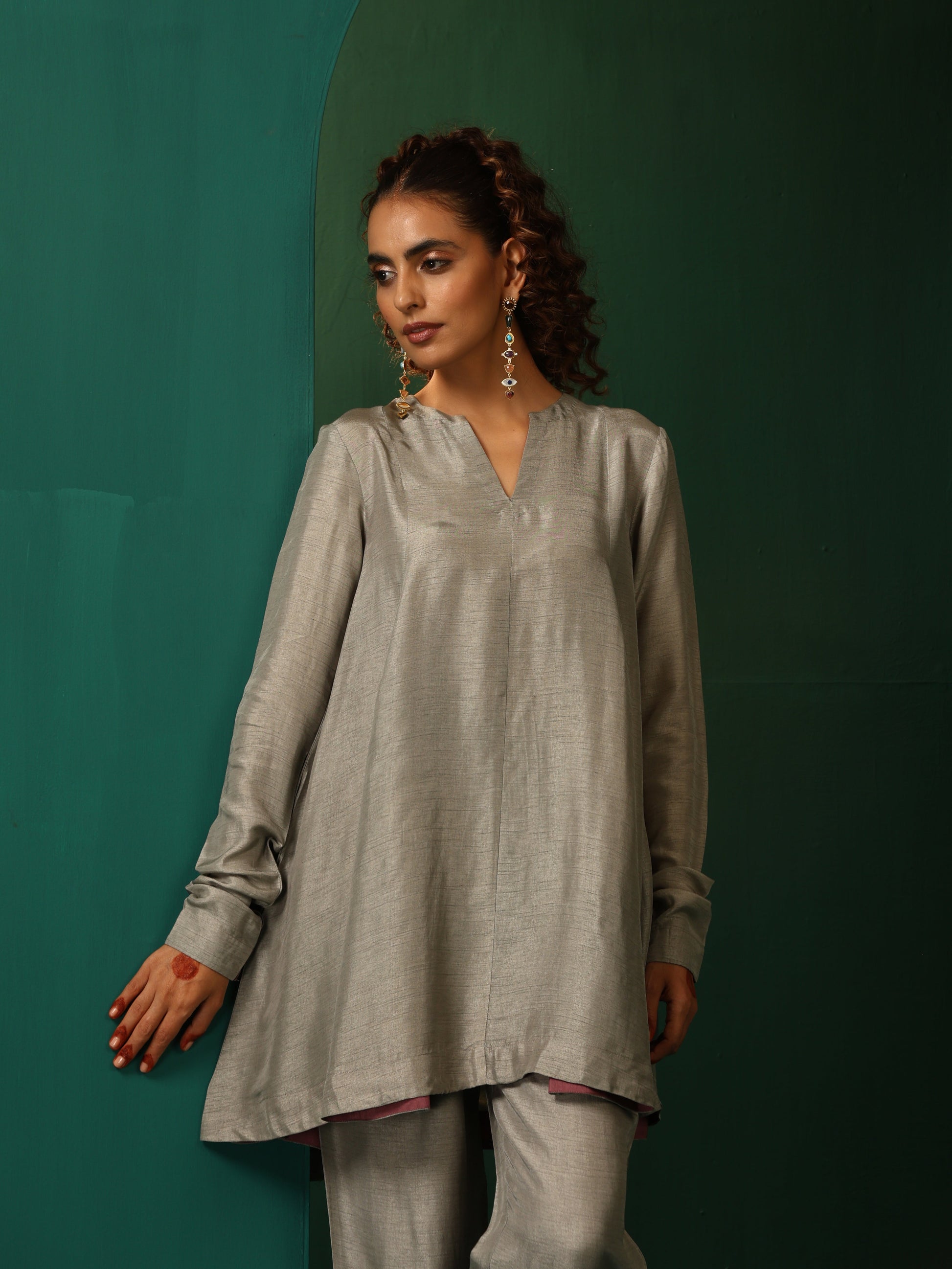 trueBrowns Grey Silk Flared Co-ord Set - Swadesiicart