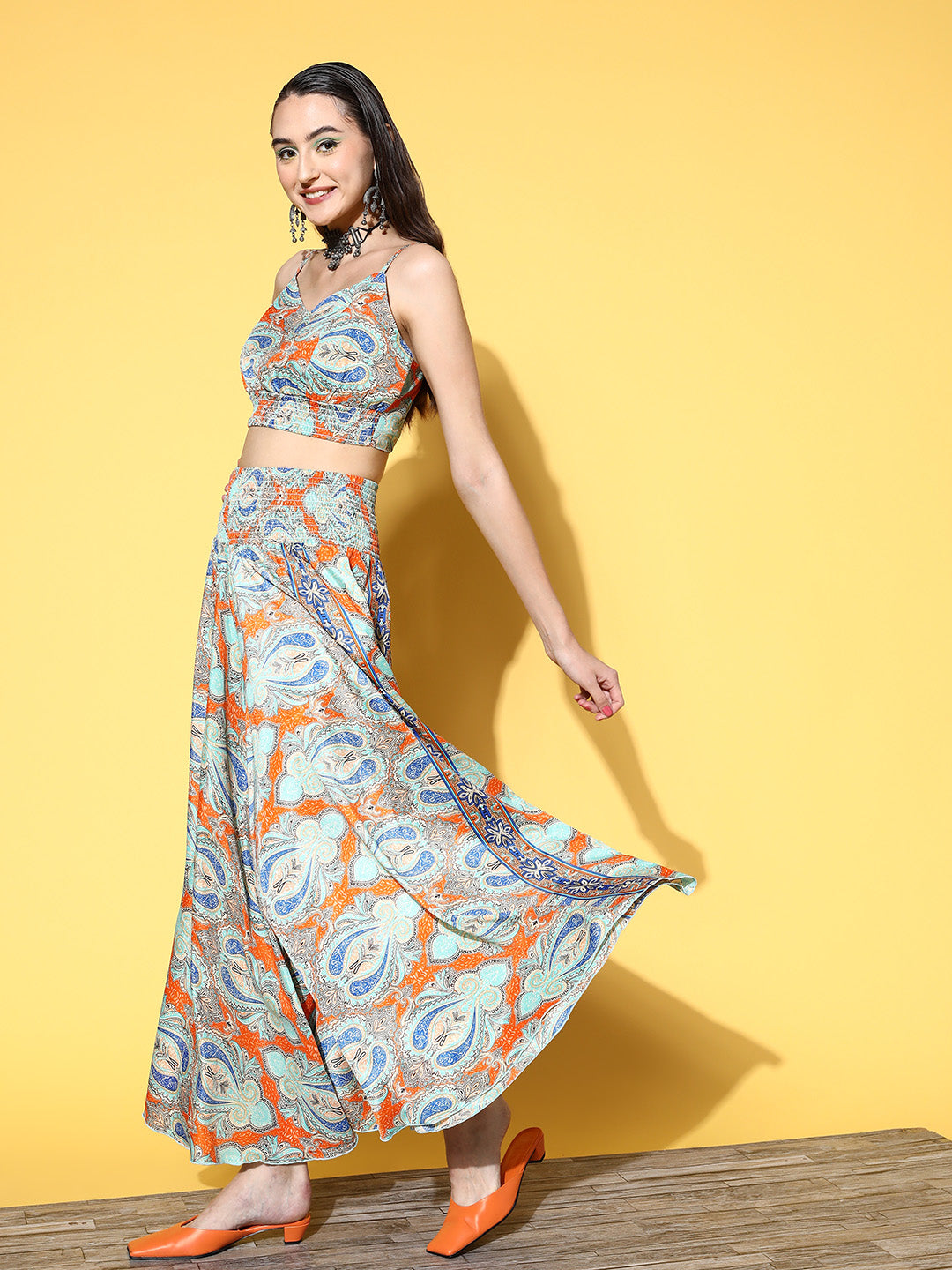 InWeave Women's Blue Orange Paisley Print Coord Set - Swadesiicart