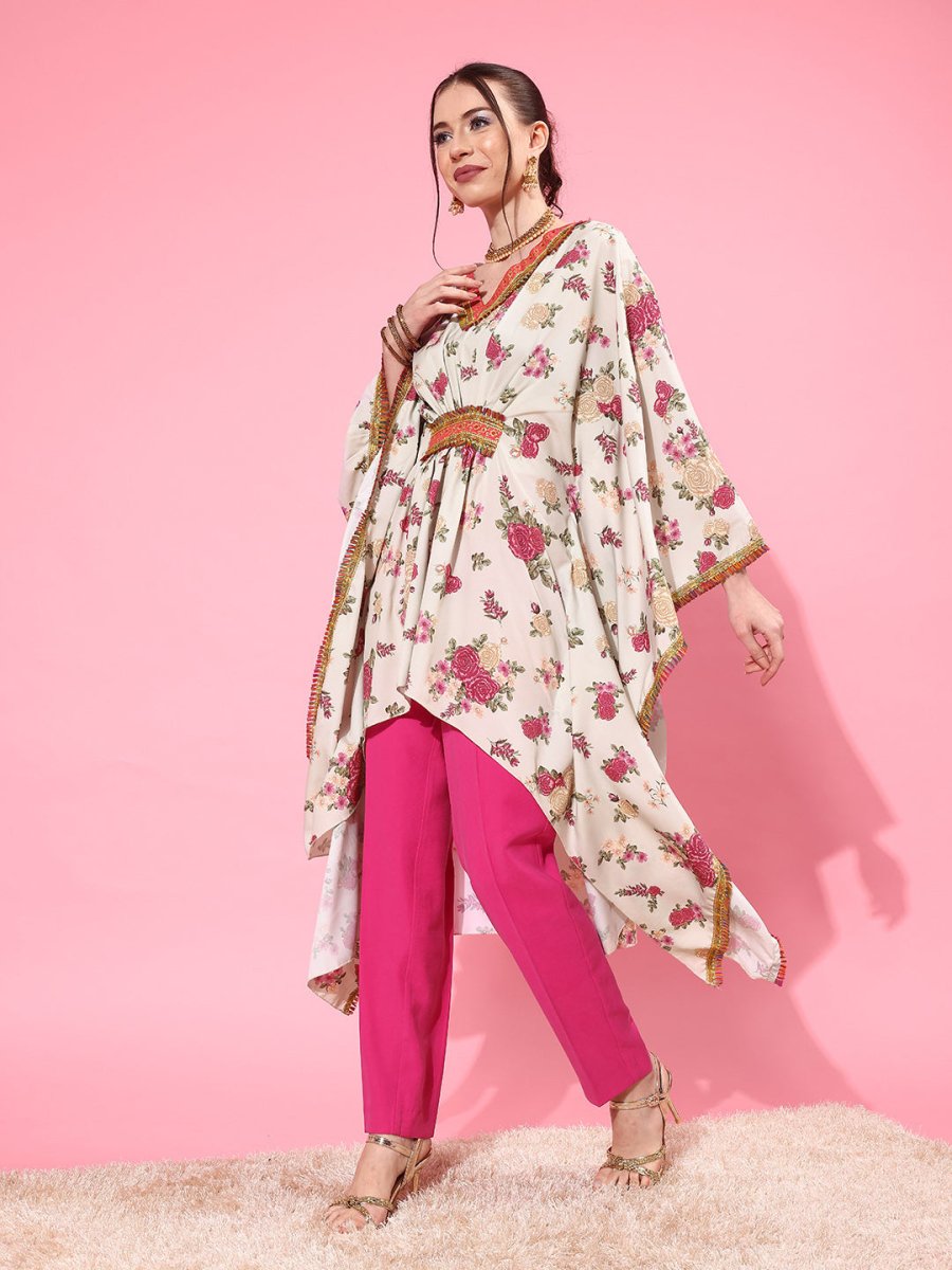 Ahalyaa Women Floral Printed Flared Sleeves Thread Work Crepe Kaftan Kurta | Swadesiicart