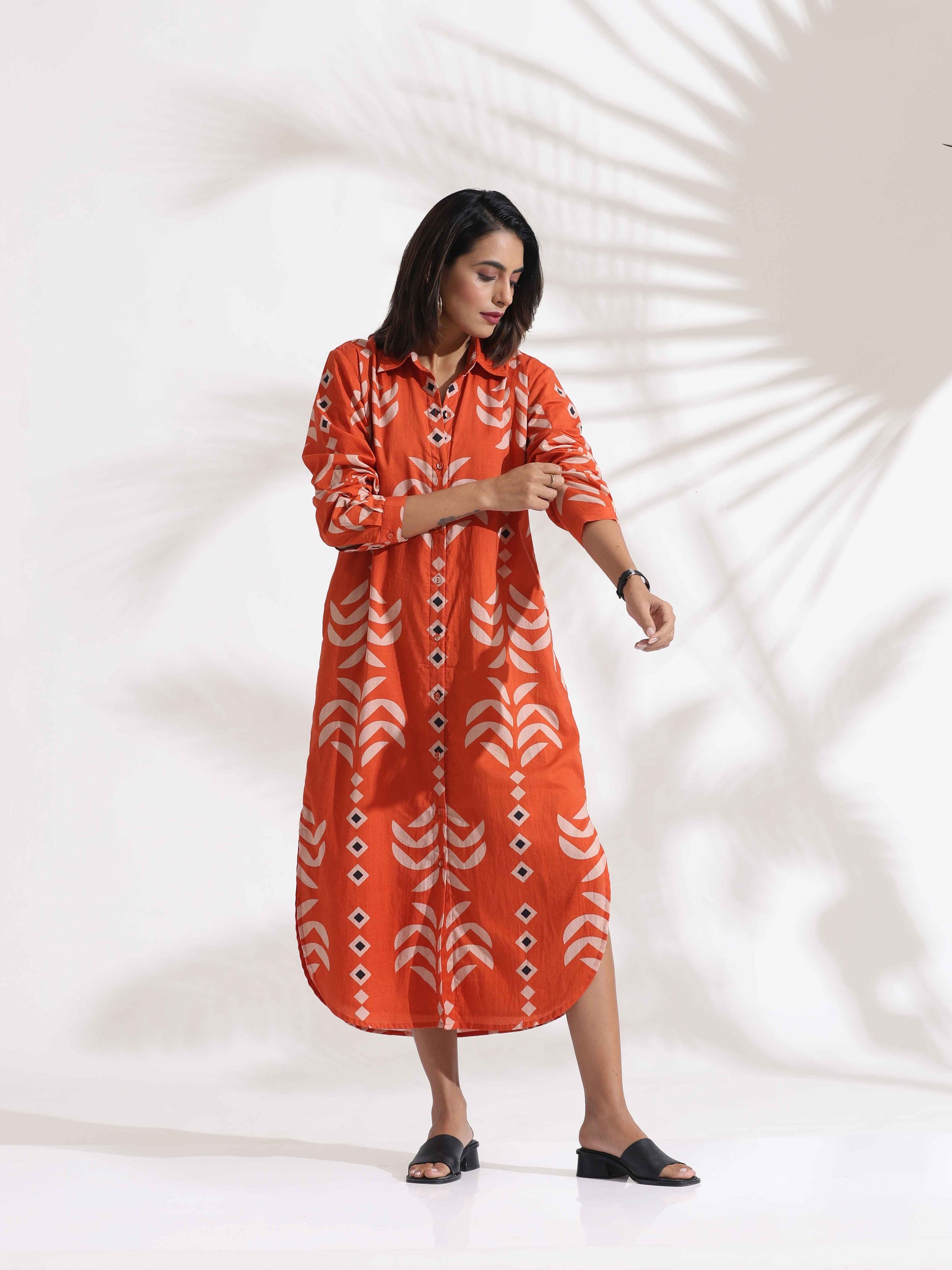 trueBrowns Orange Cotton Print Shirt Dress | Swadesiicart