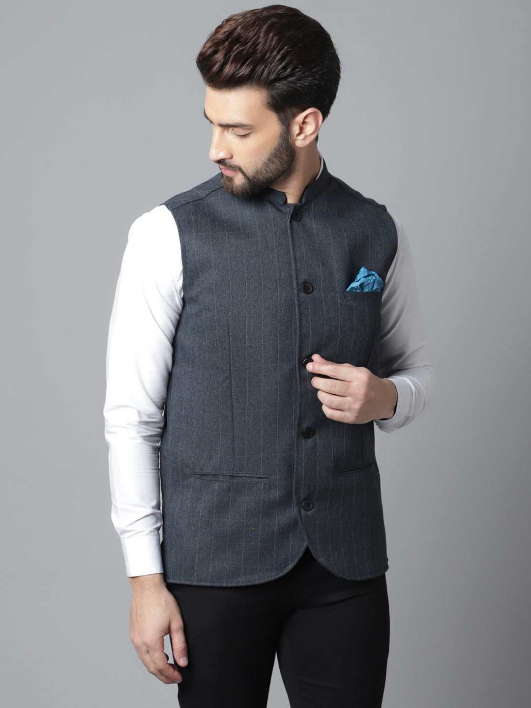 Even Apparels Men's Blue Nehru Jacket With Welt Pockets | Swadesiicart