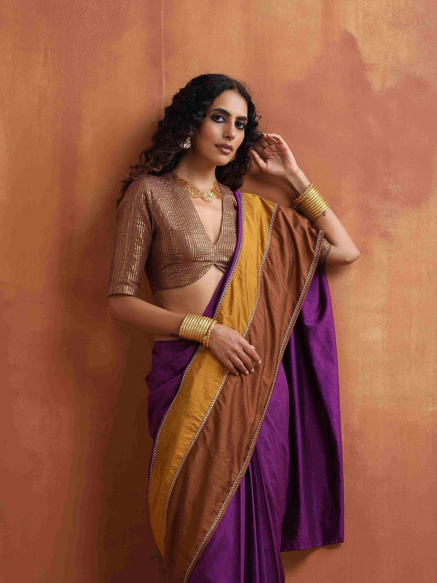 trueBrowns Purple Silk Ready To Wear Saree | Swadesiicart