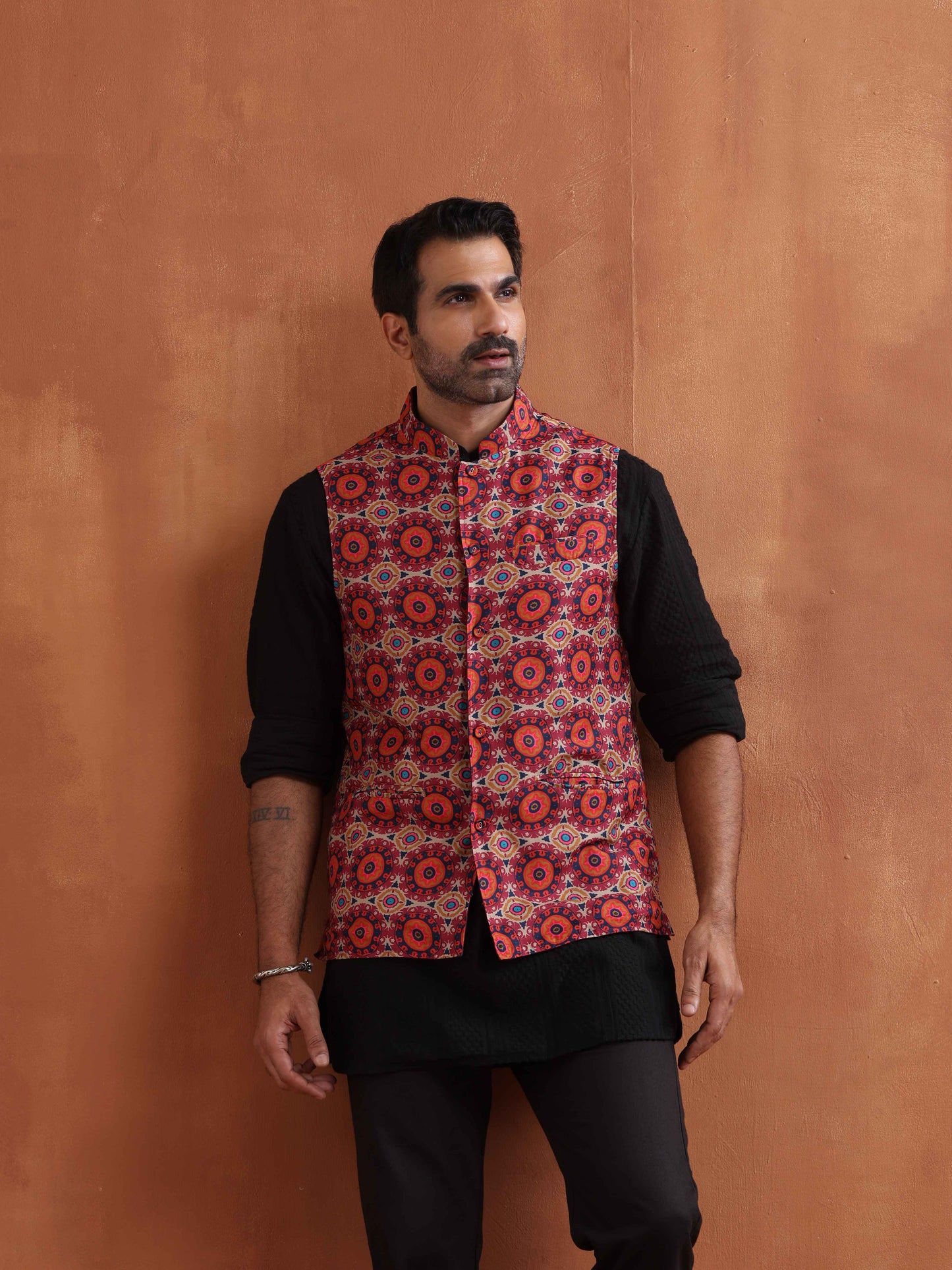 trueBrowns Men's Beige Printed Nehru Jacket | Swadesiicart