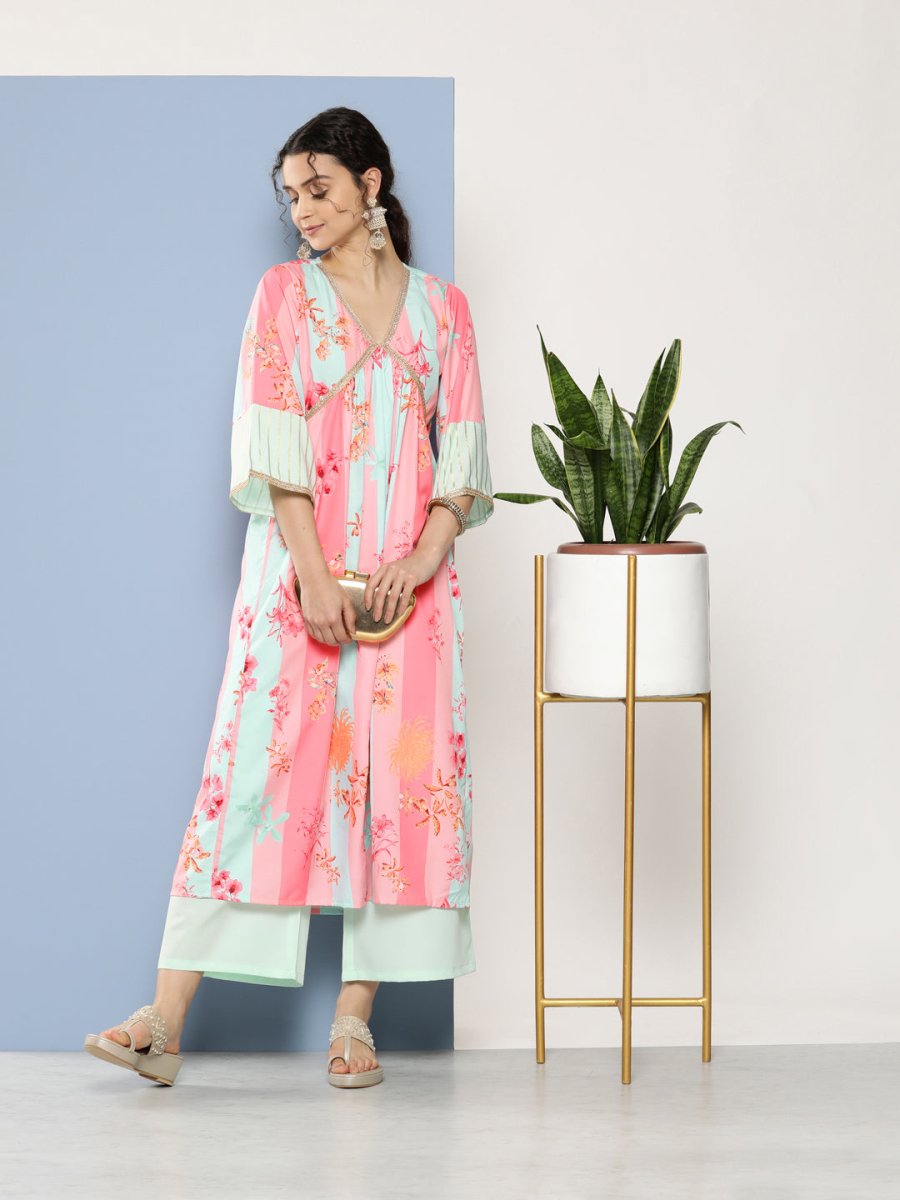 Ahalyaa Women Floral Printed Pleated Gotta Patti Kurta With Palazzos | Swadesiicart