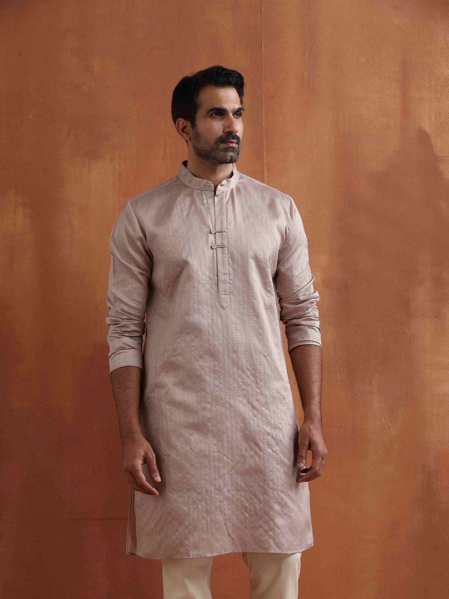 trueBrowns Men's Beige Sequin Chanderi Kurta | Swadesiicart