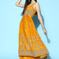 InWeave Women's Mustard Foil Print Strappy With Green Brocade Dupatta - Swadesiicart