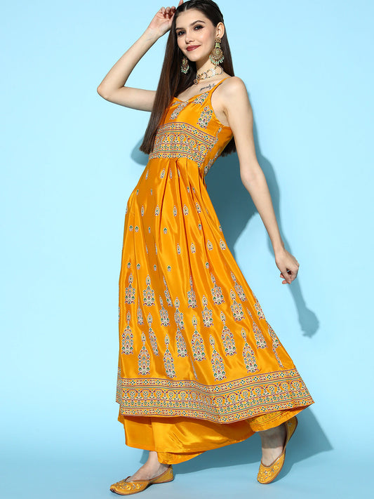 InWeave Women's Mustard Foil Print Strappy With Green Brocade Dupatta - Swadesiicart