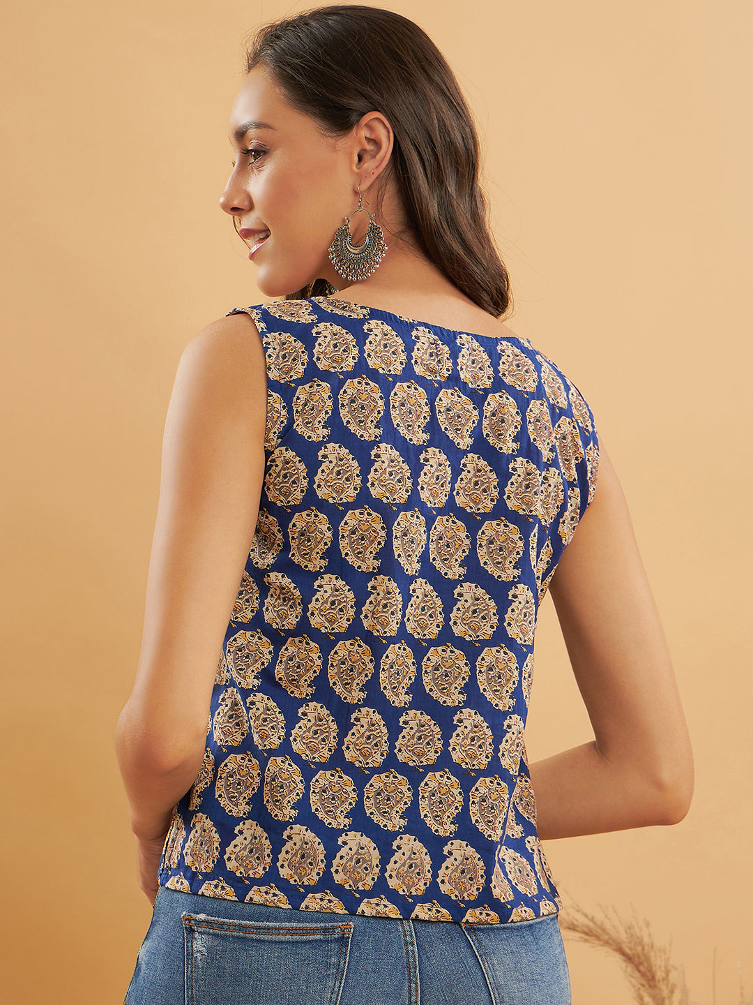 InWeave Ink Blue Small Paisley Kalamkari W/U Top - Swadesiicart