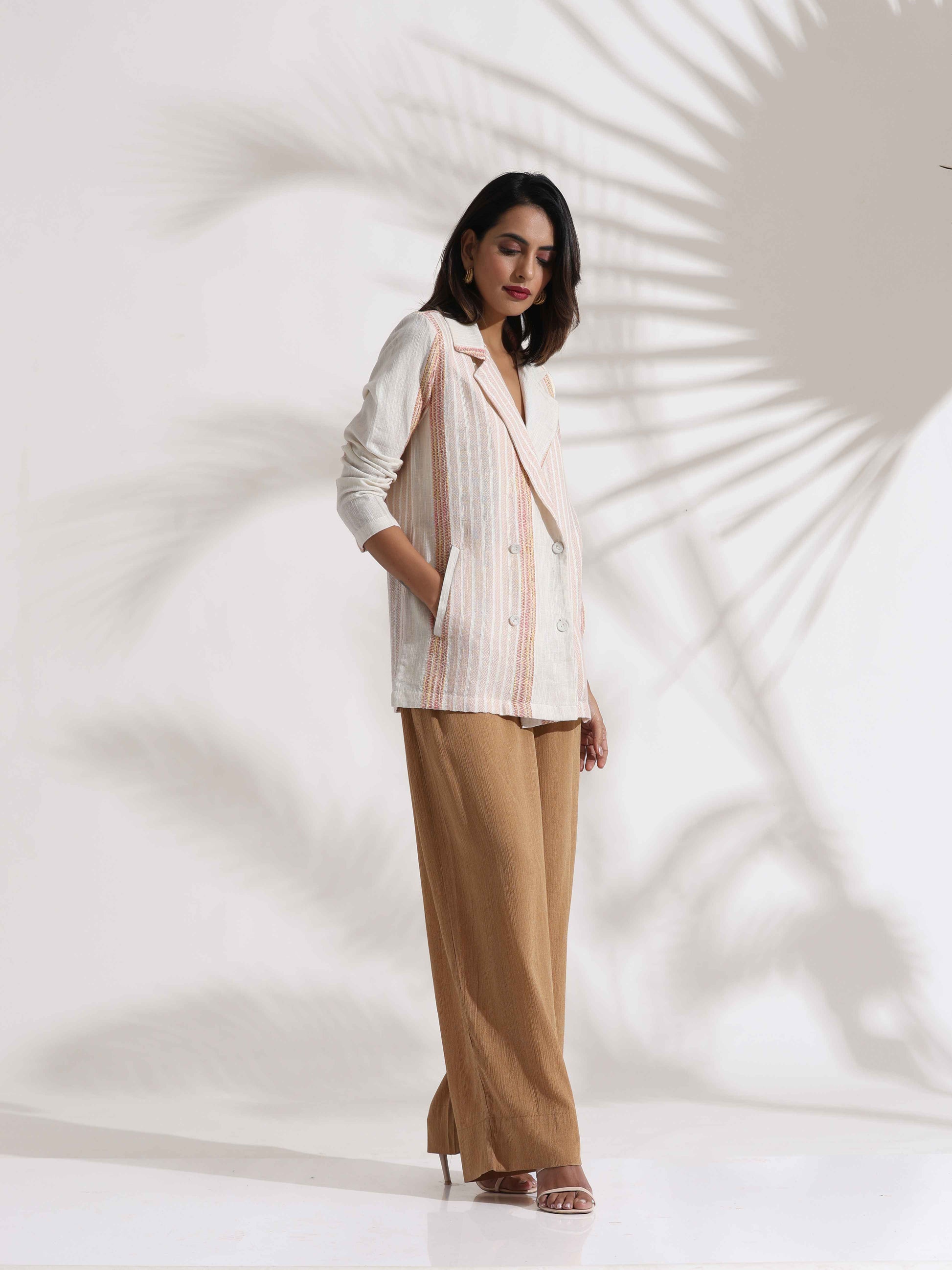 trueBrowns Beige Cotton Stripe Jacket Top Co-ord Set - Swadesiicart