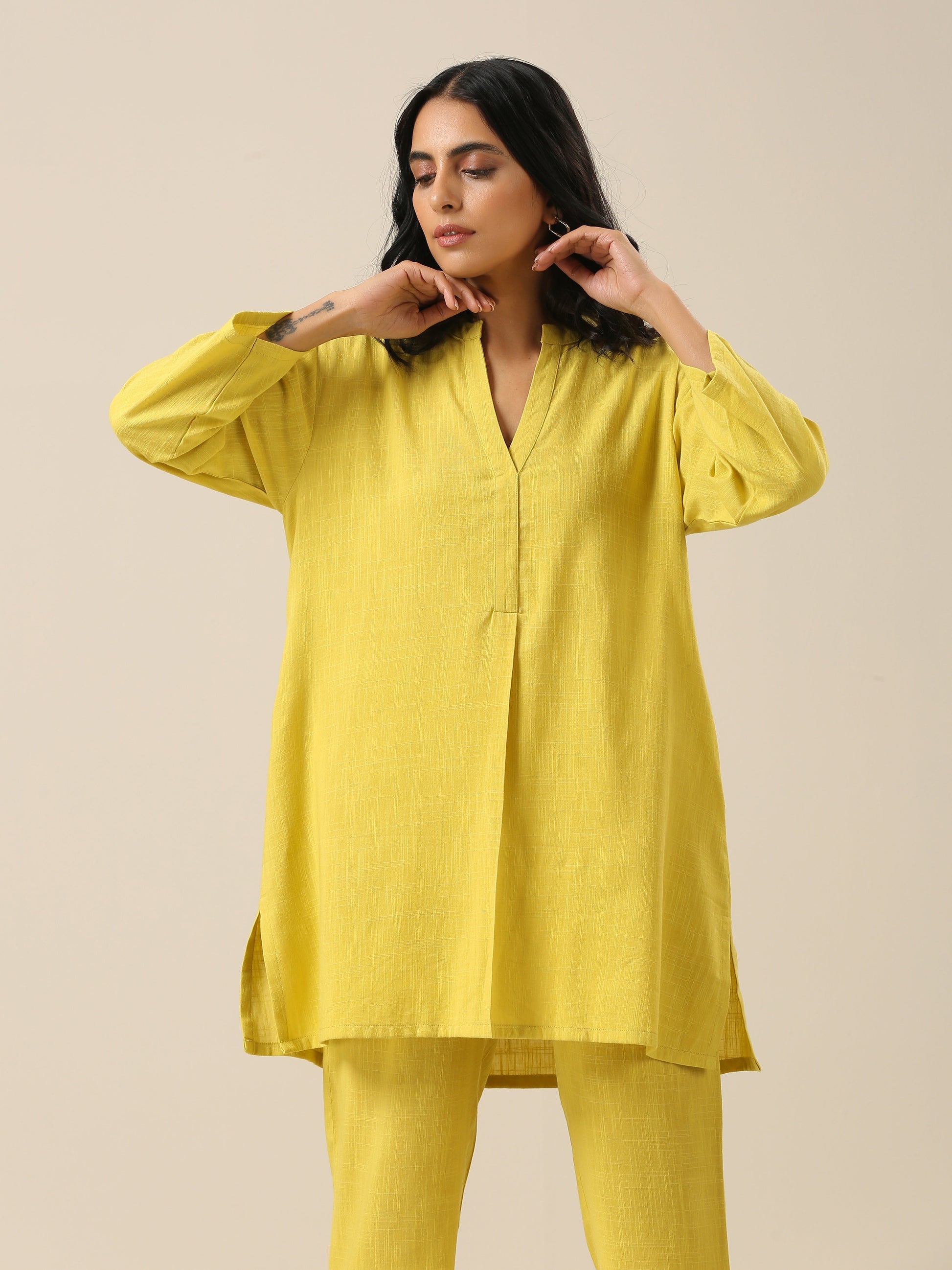 trueBrowns Lime Slub Texture Relax Fit Co-Ord Set - Swadesiicart