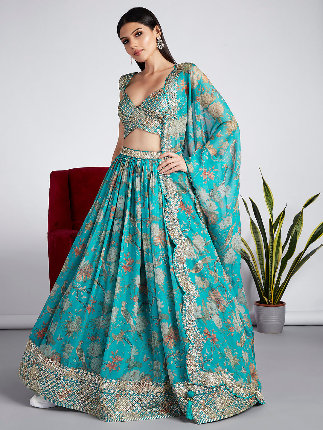 House of Panchhi Sea Green Colour Organza Floral Design Digital Print Lehenga Choli & Dupatta | Swadesiicart