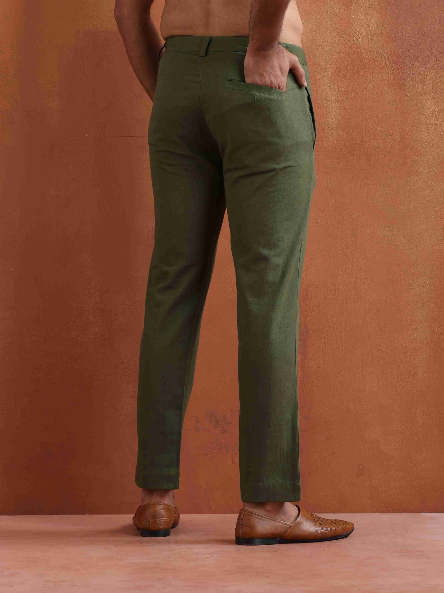 trueBrowns Men's Olive Green Cotton Twill Pants | Swadesiicart