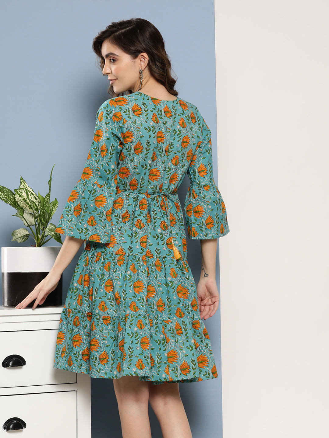 InWeave Women's Blue Mustard Print Short Dress - Swadesiicart