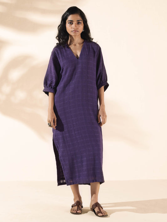 trueBrowns Purple Cotton Dobby Slit Dress | Swadesiicart