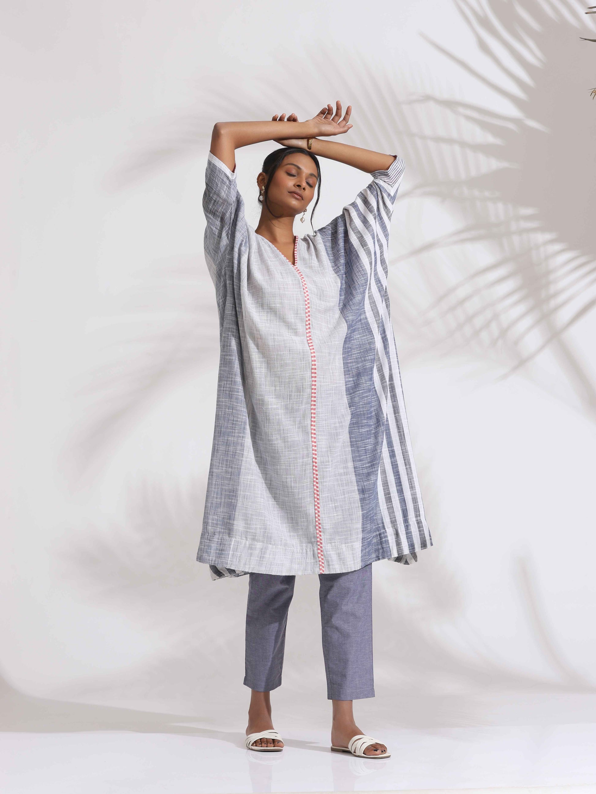 trueBrowns Off-White Cotton Multi Stripe Flared Kurta Set | Swadesiicart