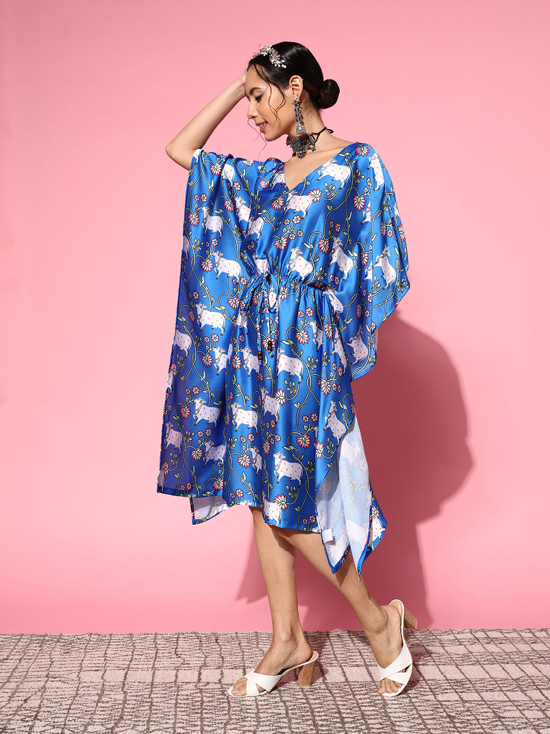 InWeave Women's Ink Blue Indian Bull Print Kaftan - Swadesiicart