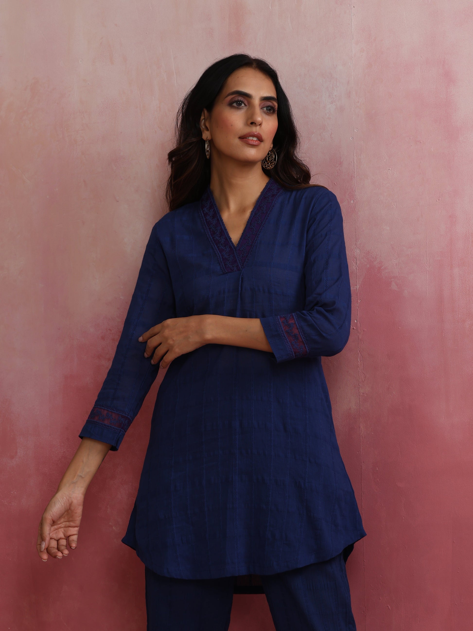 trueBrowns Dark Blue Cotton Dobby Kurta Co-ord set - Swadesiicart