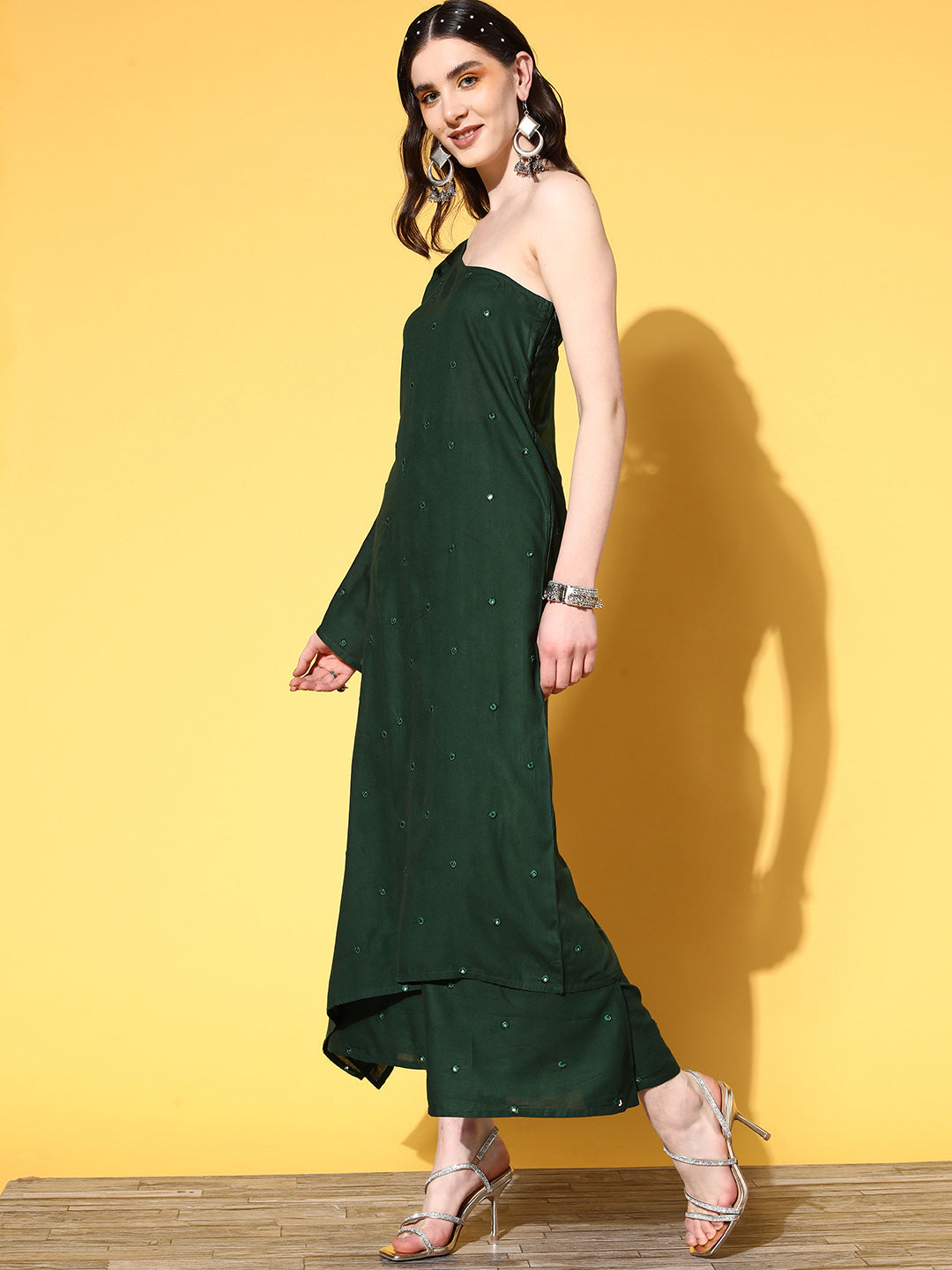 InWeave Women's Green Mirror Work One Shoulder Kurta Set With Dupatta - Swadesiicart