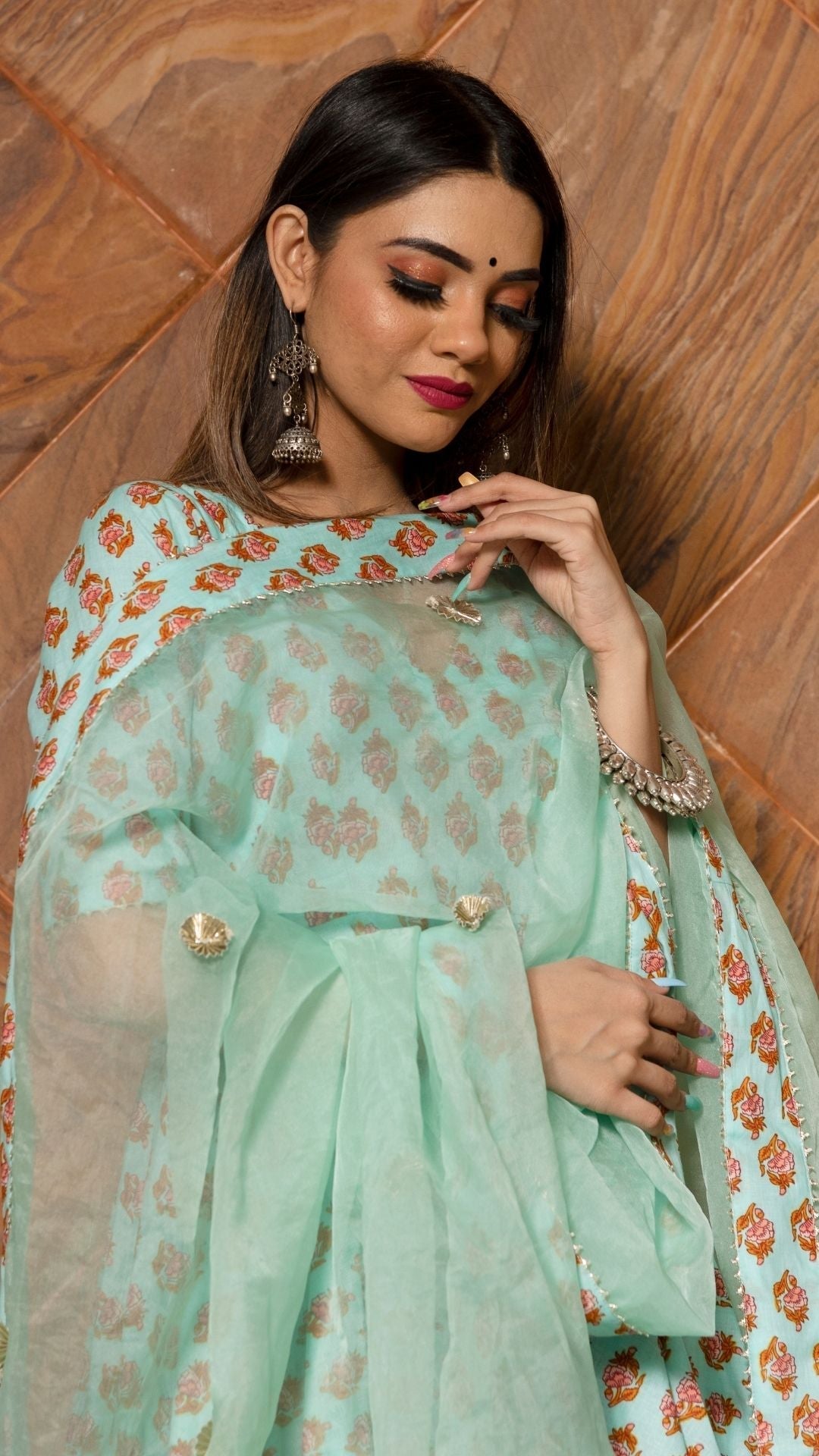Pomcha Jaipur Lilly Of Valley Hand Block Anarkali Set | Swadesiicart